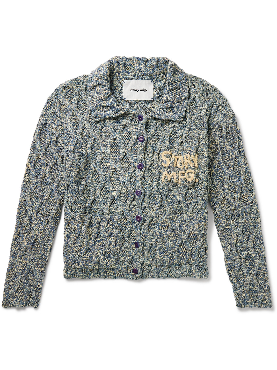 Story Mfg. Grandad Embroidered Cable-knit Organic Cotton Cardigan In Gray