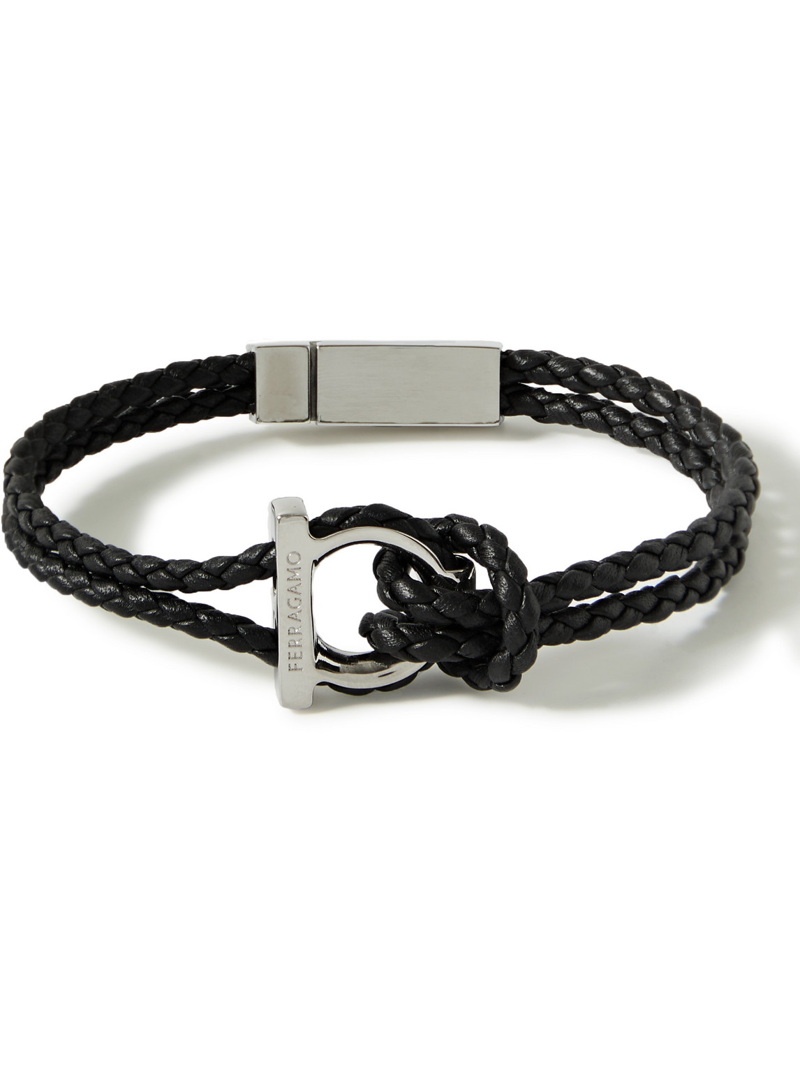 Ferragamo Logo-embellished Leather And Silver-tone Bracelet In Black