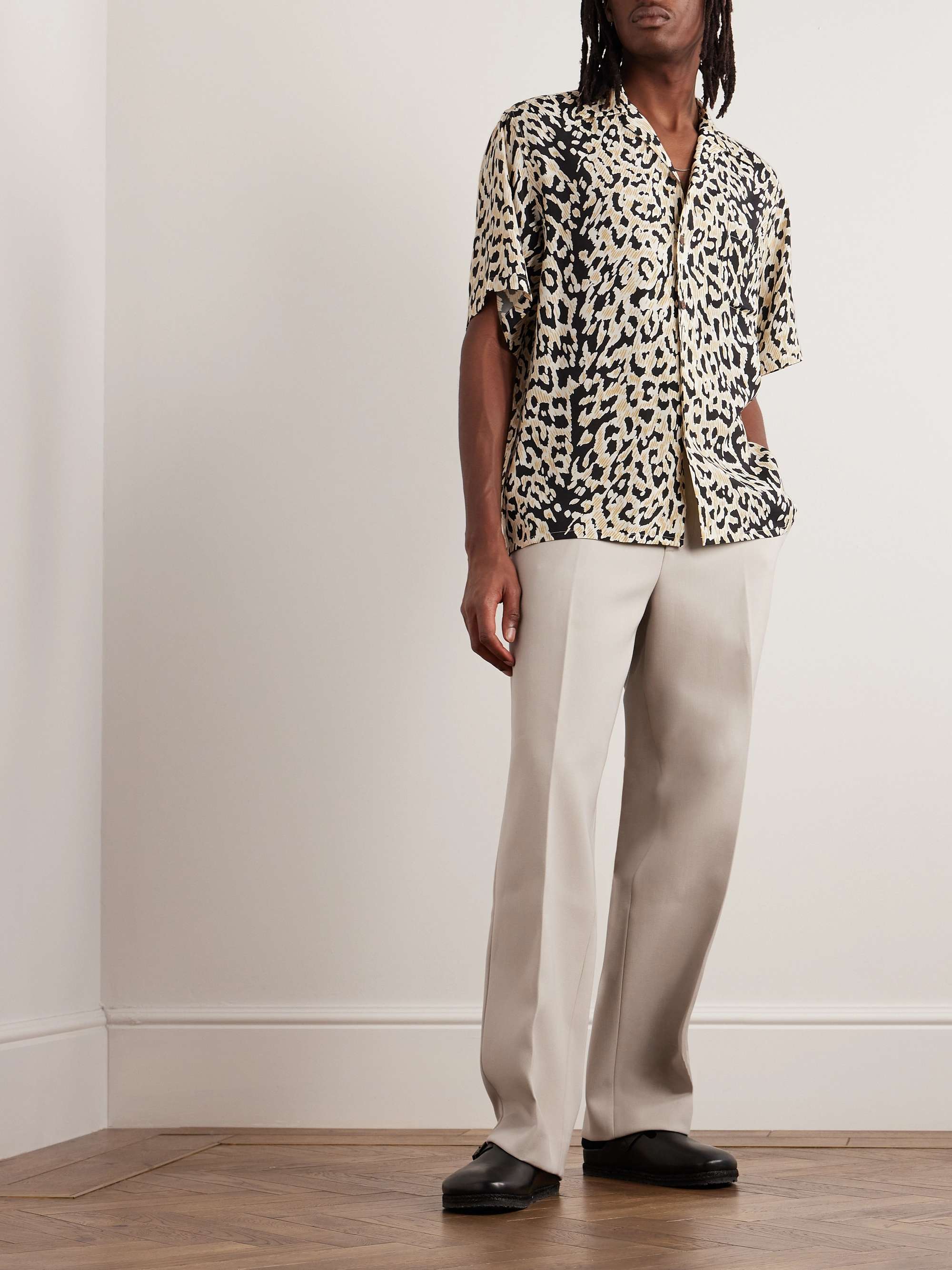 Camp-Collar Leopard-Print Satin Shirt