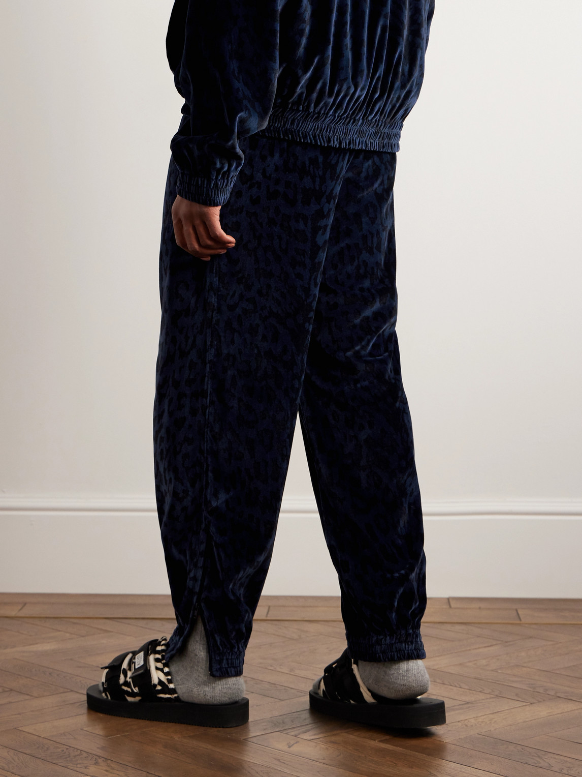Wacko Maria Straight-leg Embroidered Leopard-print Cotton-velvet Sweatpants  In Blue | ModeSens