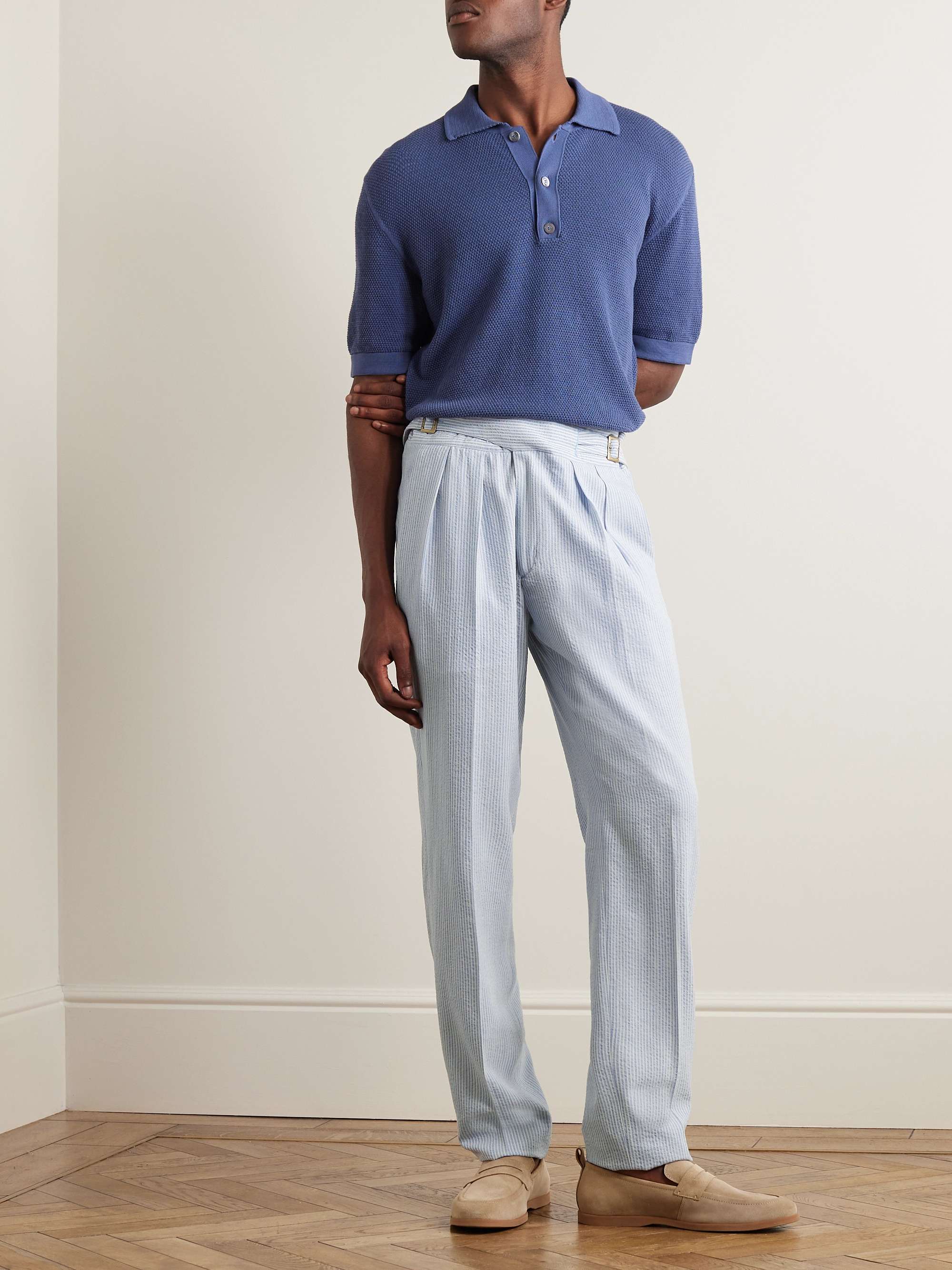 RUBINACCI Straight-Leg Pleated Striped Cotton-Seersucker Trousers for ...