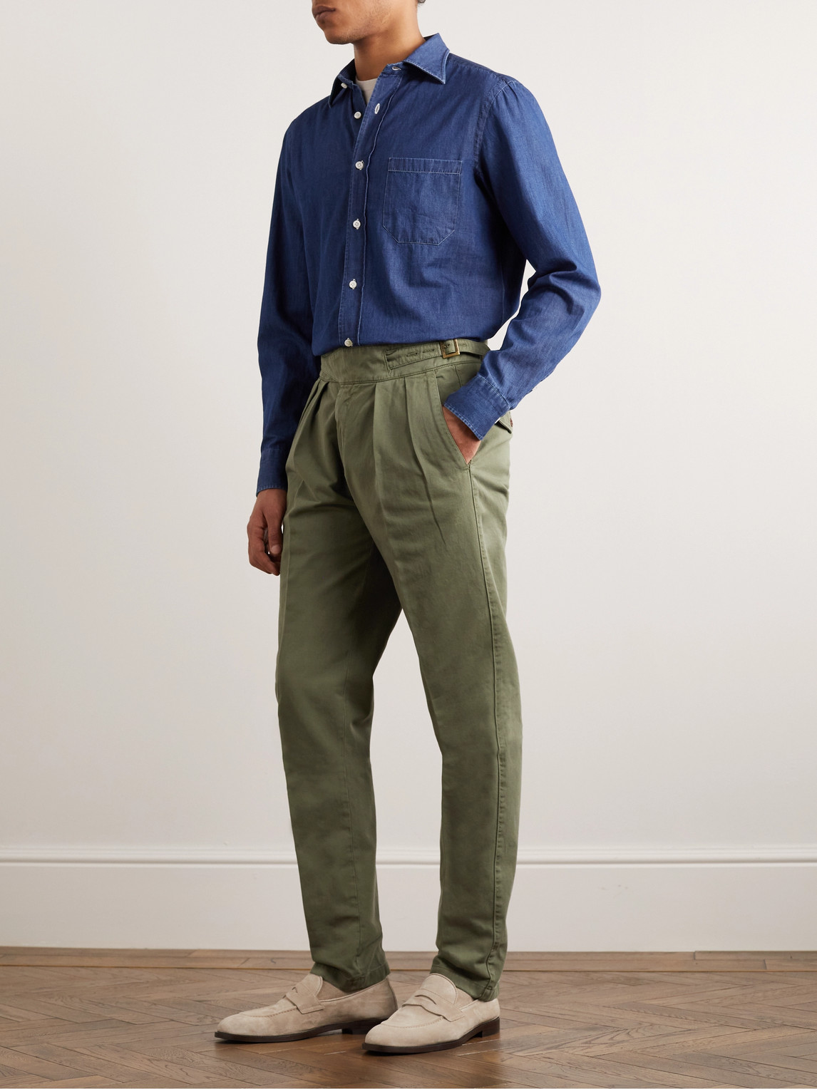 Shop Rubinacci Manny Tapered Pleated Cotton-twill Trousers In Green