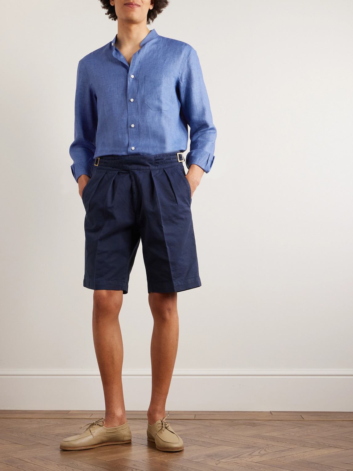 Shop Rubinacci Straight-leg Pleated Cotton-twill Shorts In Blue