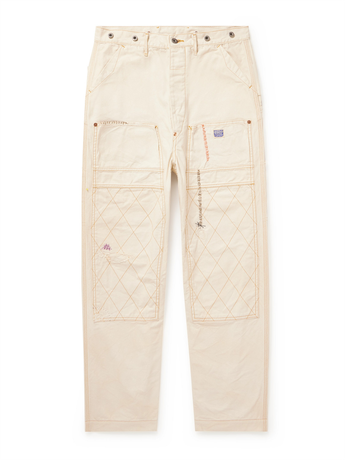 Shop Kapital Lumber Embroidered Straight-leg Cotton-canvas Cargo Trousers In Neutrals