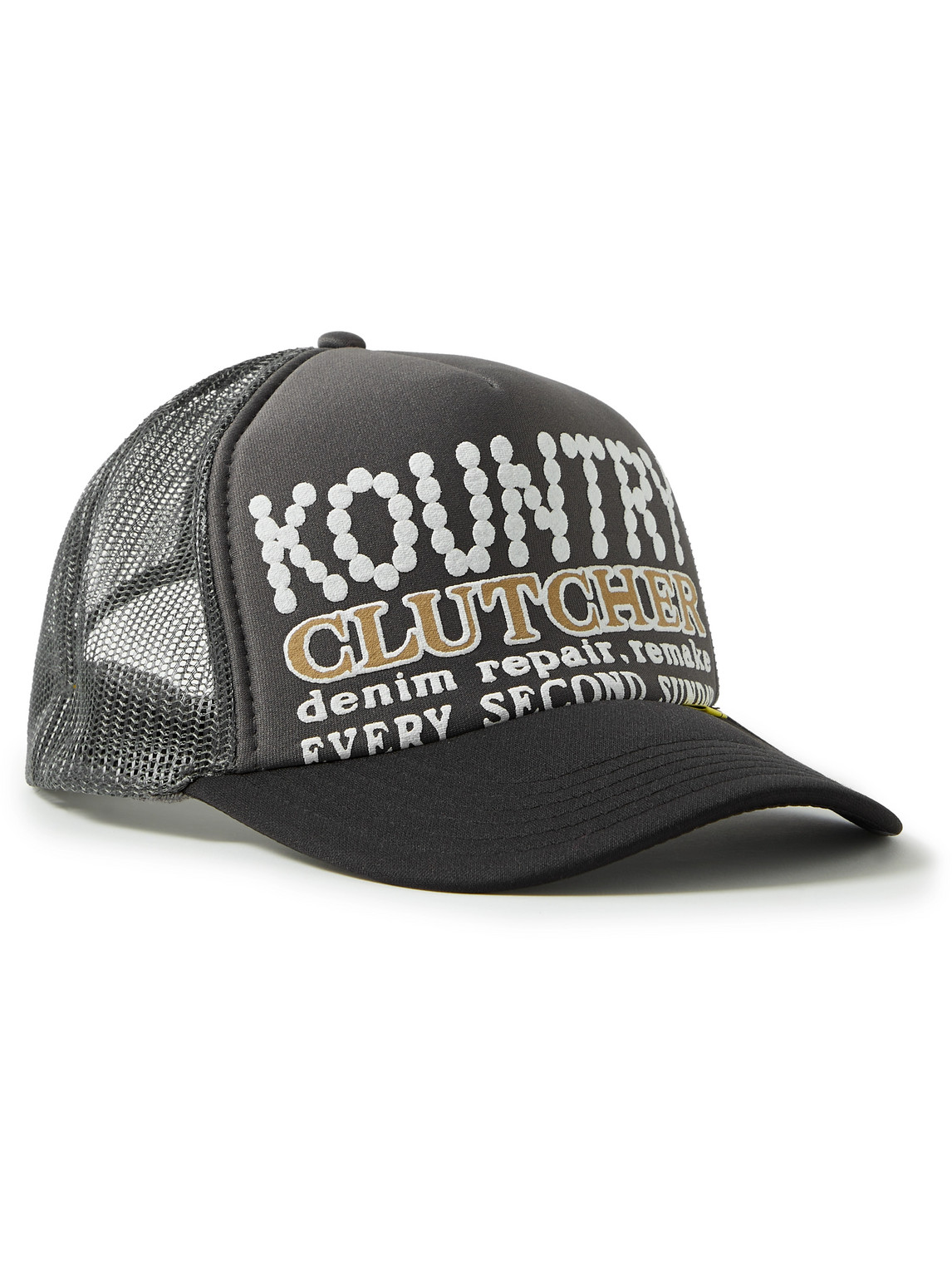Kapital Kountry Pearl Clutcher Printed Twill And Mesh Trucker Hat In Gray