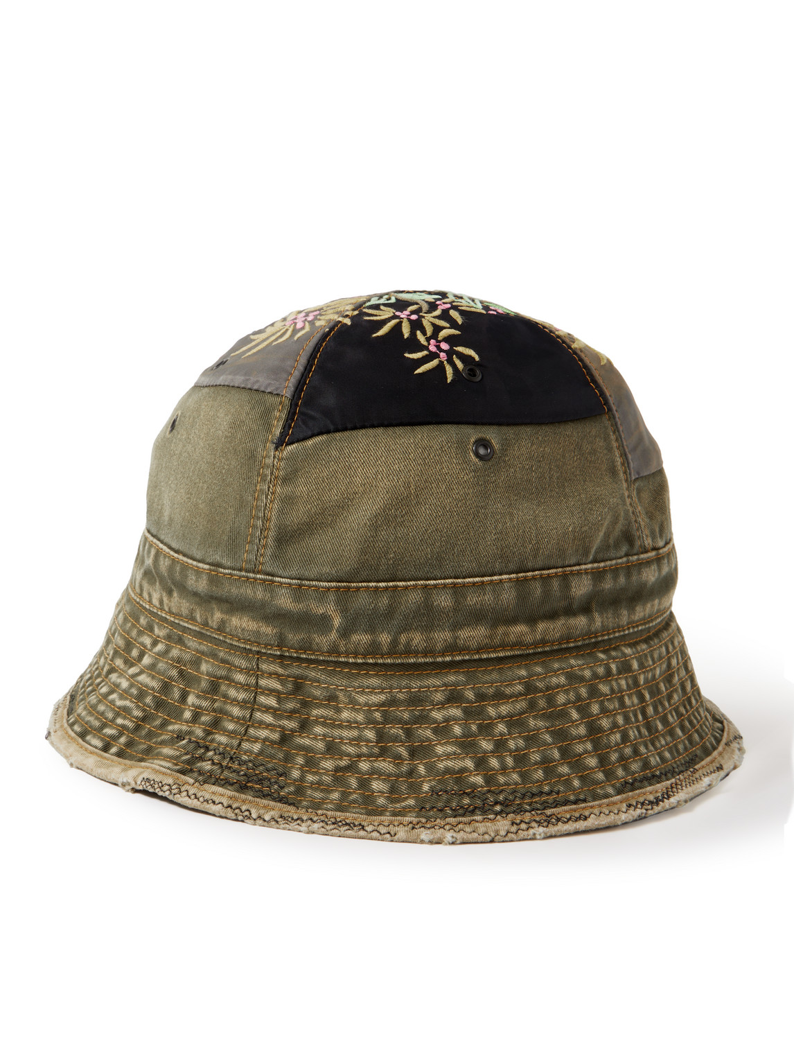 Shop Kapital Distressed Embroidered Patchwork Cotton-twill And Shell Bucket Hat In Green
