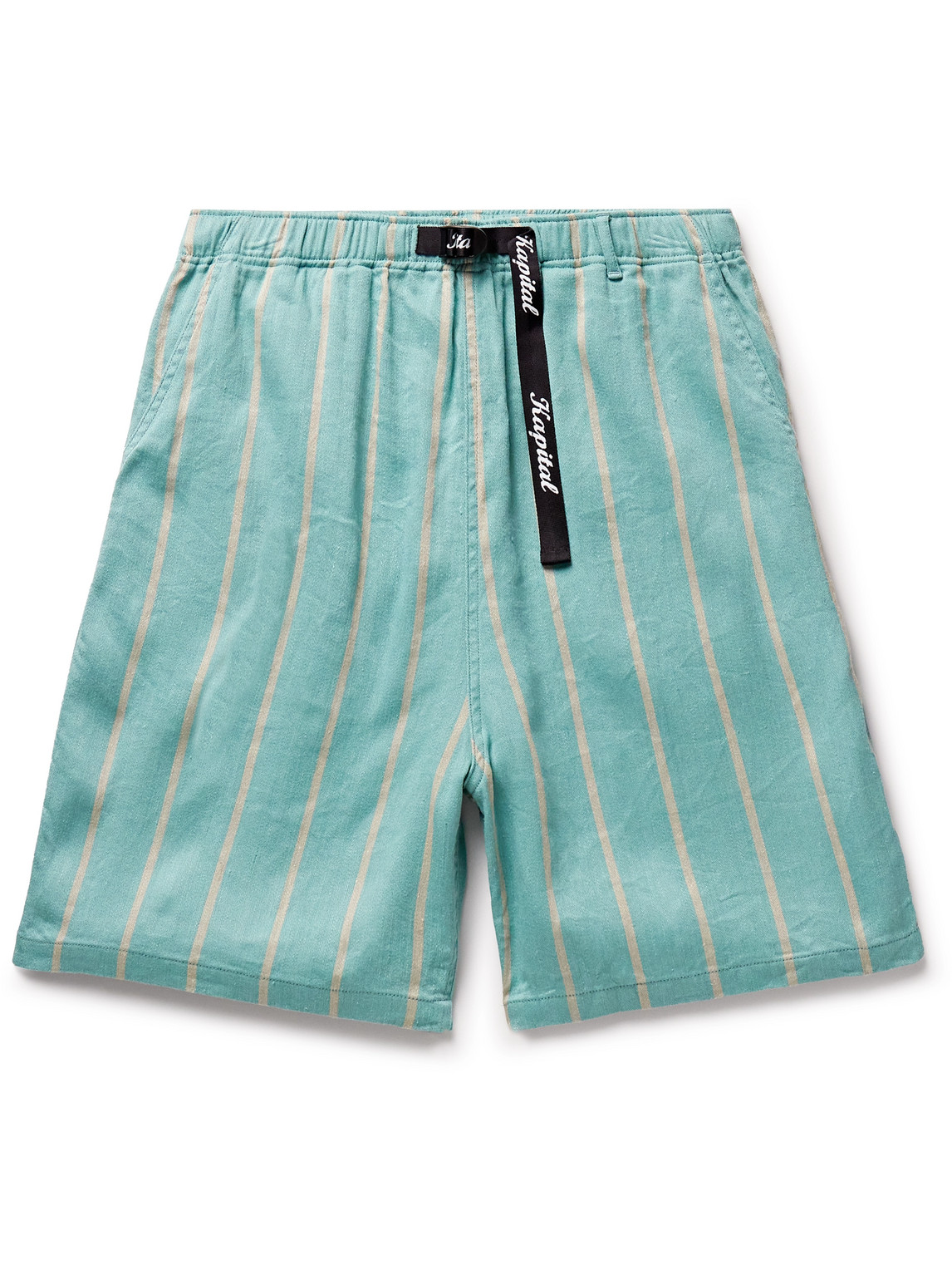 Kapital Phillies Straight-leg Striped Belted Linen And Cotton-blend Shorts In Blue
