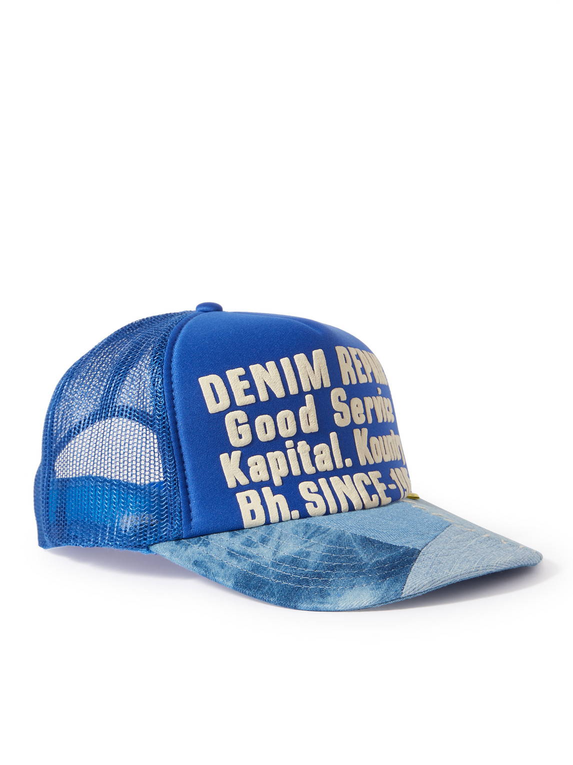 Kapital Printed Canvas, Patchwork Denim And Mesh Trucker Cap In Blue