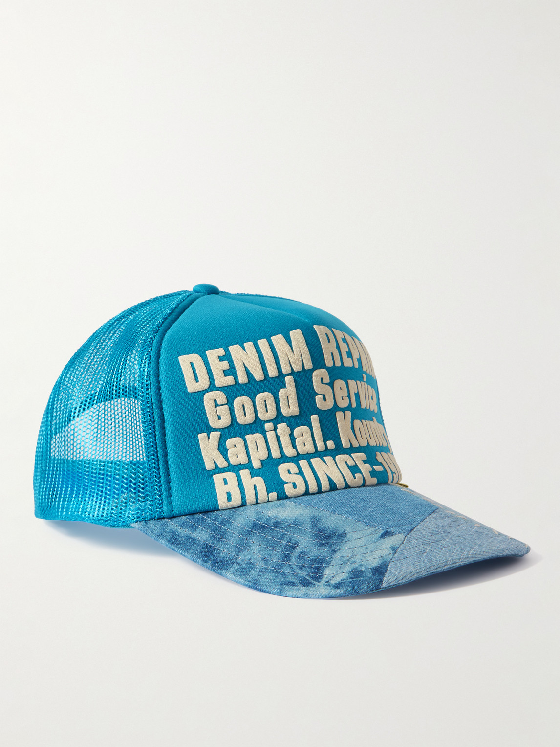 Kapital Printed Canvas, Patchwork Denim And Mesh Trucker Cap In Blue
