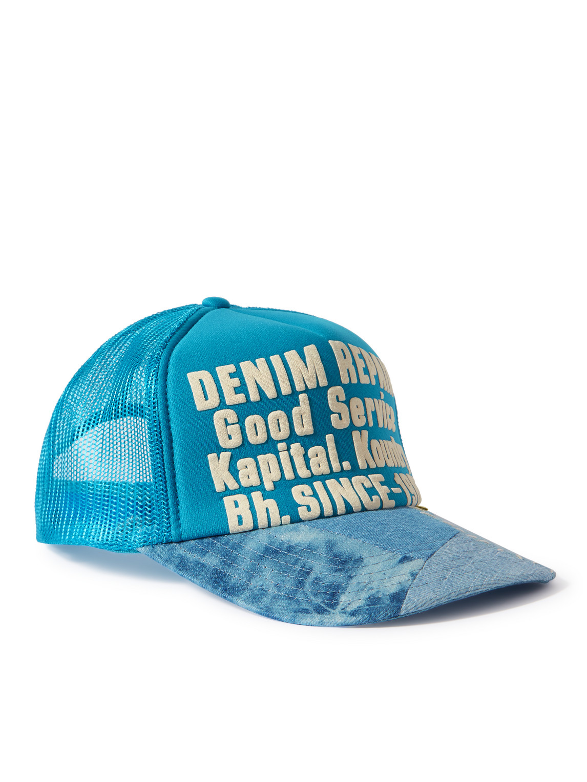 Kapital Printed Canvas, Patchwork Denim And Mesh Trucker Cap In Blue