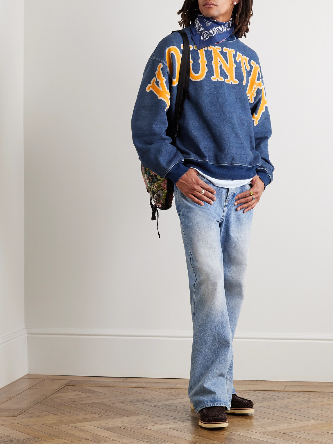 Shop Kapital Denim-trimmed Logo-print Cotton-jersey Sweatshirt In Blue