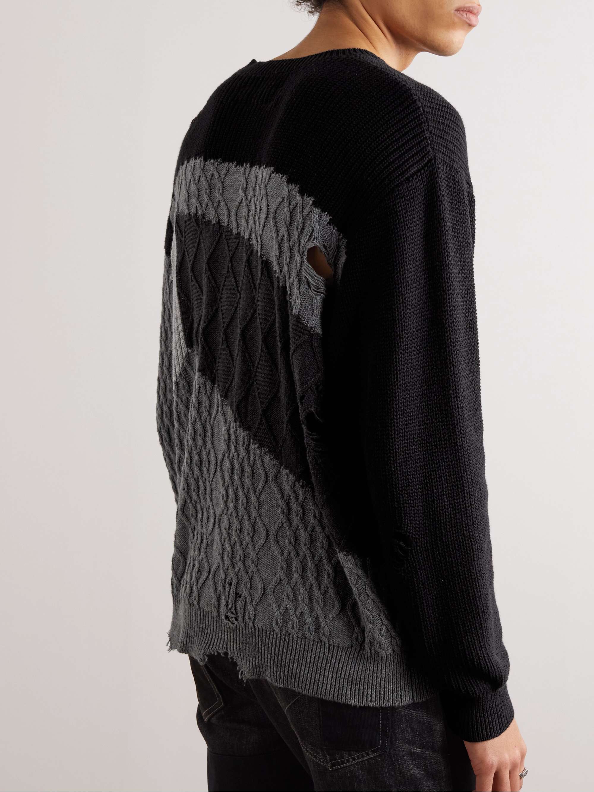 NEIGHBORHOOD Distressed Patchwork Cable-Knit Cotton Sweater