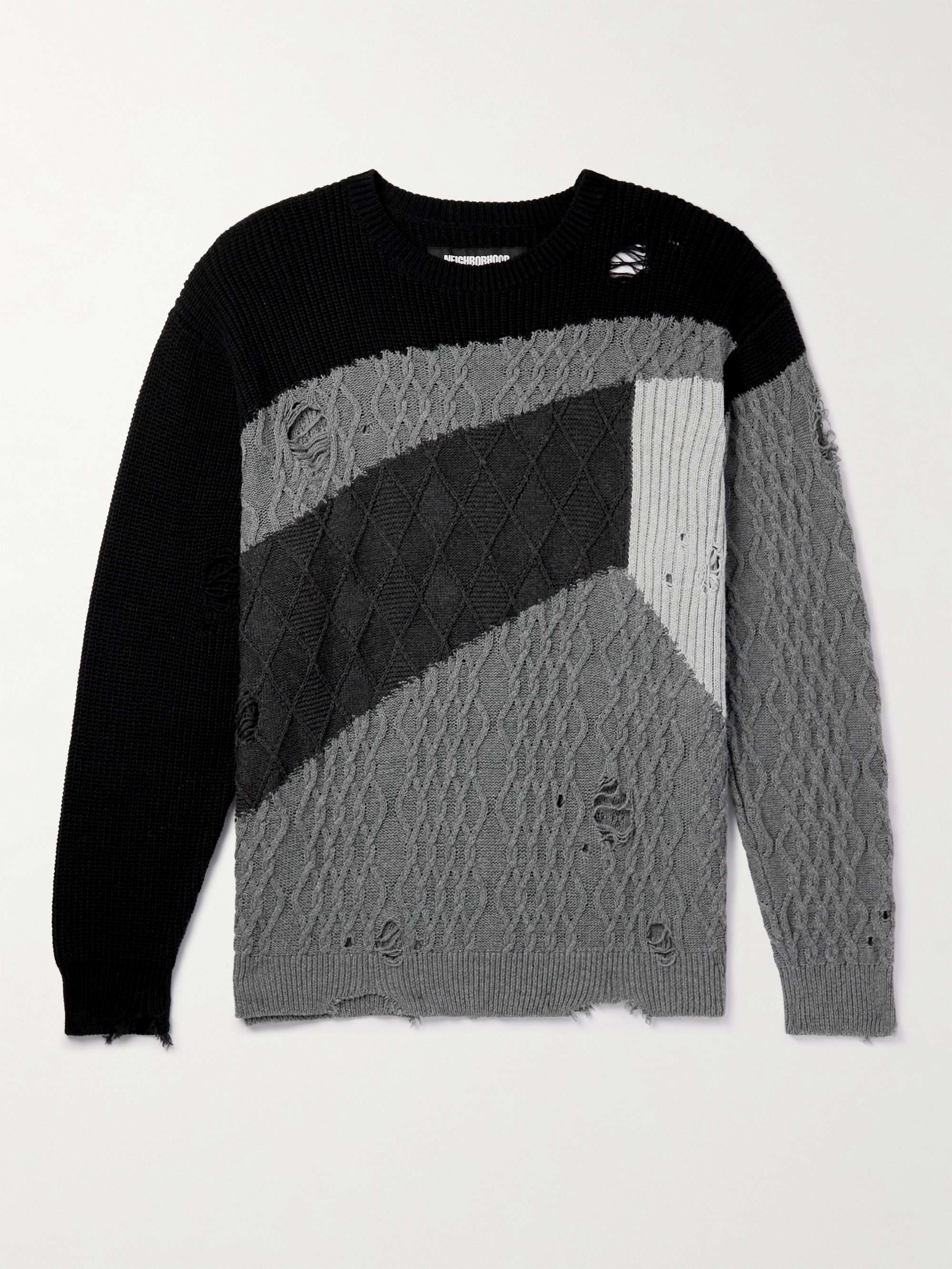 NEIGHBORHOOD Distressed Patchwork Cable-Knit Cotton Sweater