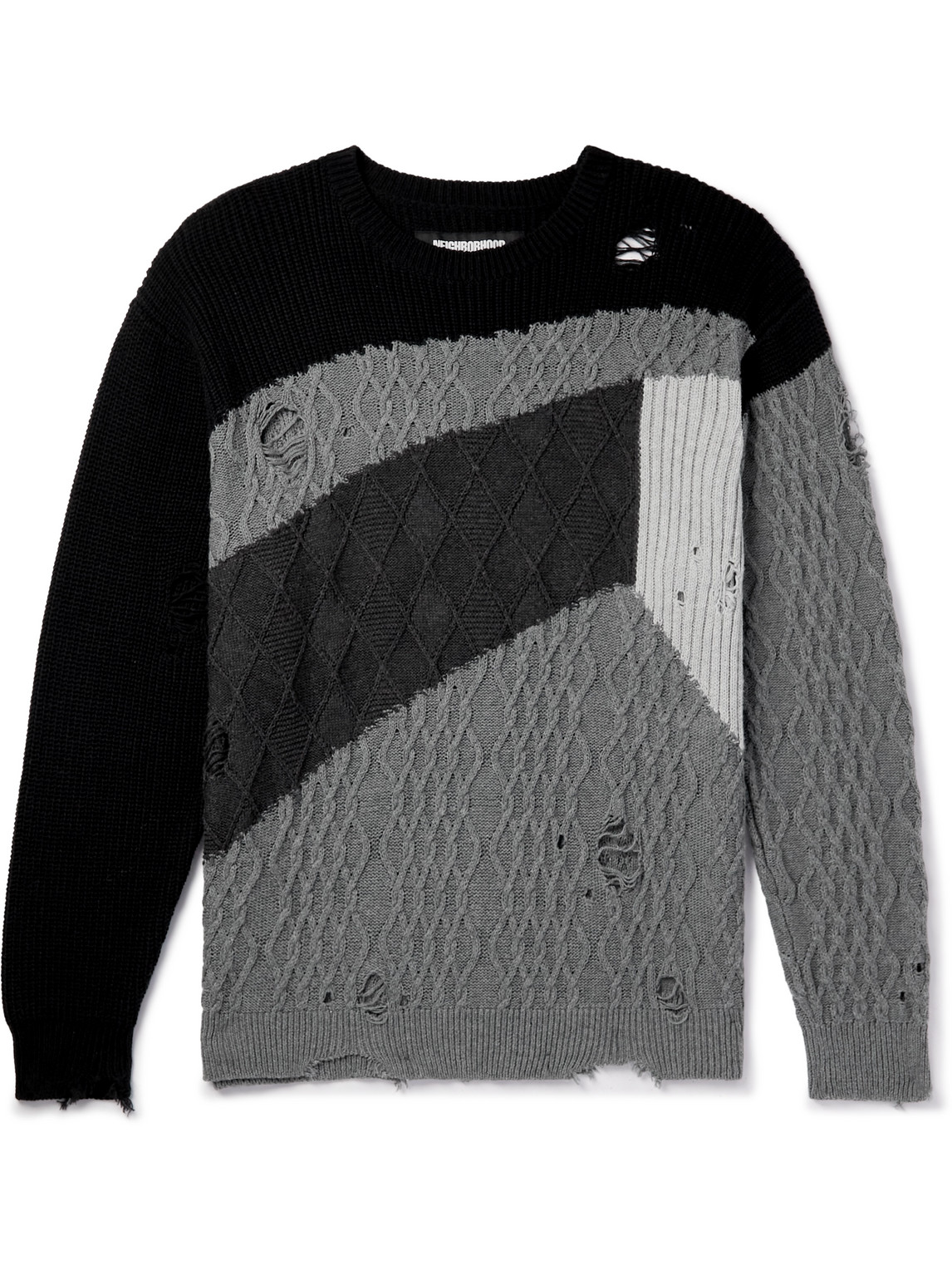 Neighborhood Distressed Patchwork Cable-knit Cotton Sweater In Black