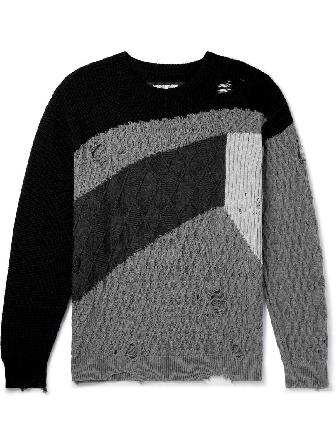 NEIGHBORHOOD DISTRESSED PATCHWORK CABLE-KNIT COTTON SWEATER