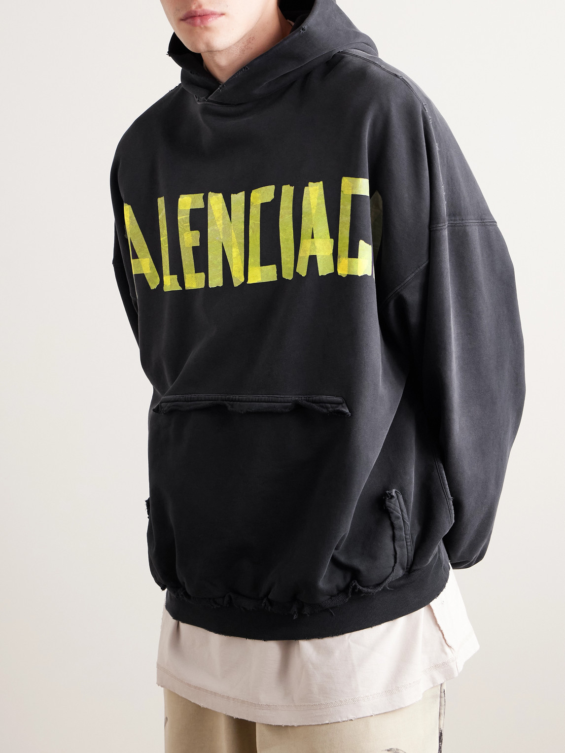 Shop Balenciaga Tape Type Oversized Distressed Logo-print Cotton-jersey Hoodie In Black