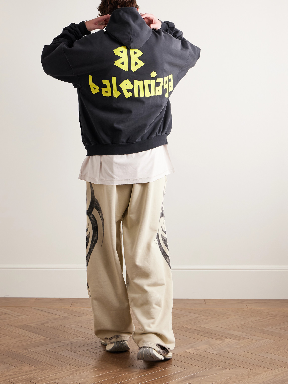 Shop Balenciaga Tape Type Oversized Distressed Logo-print Cotton-jersey Hoodie In Black