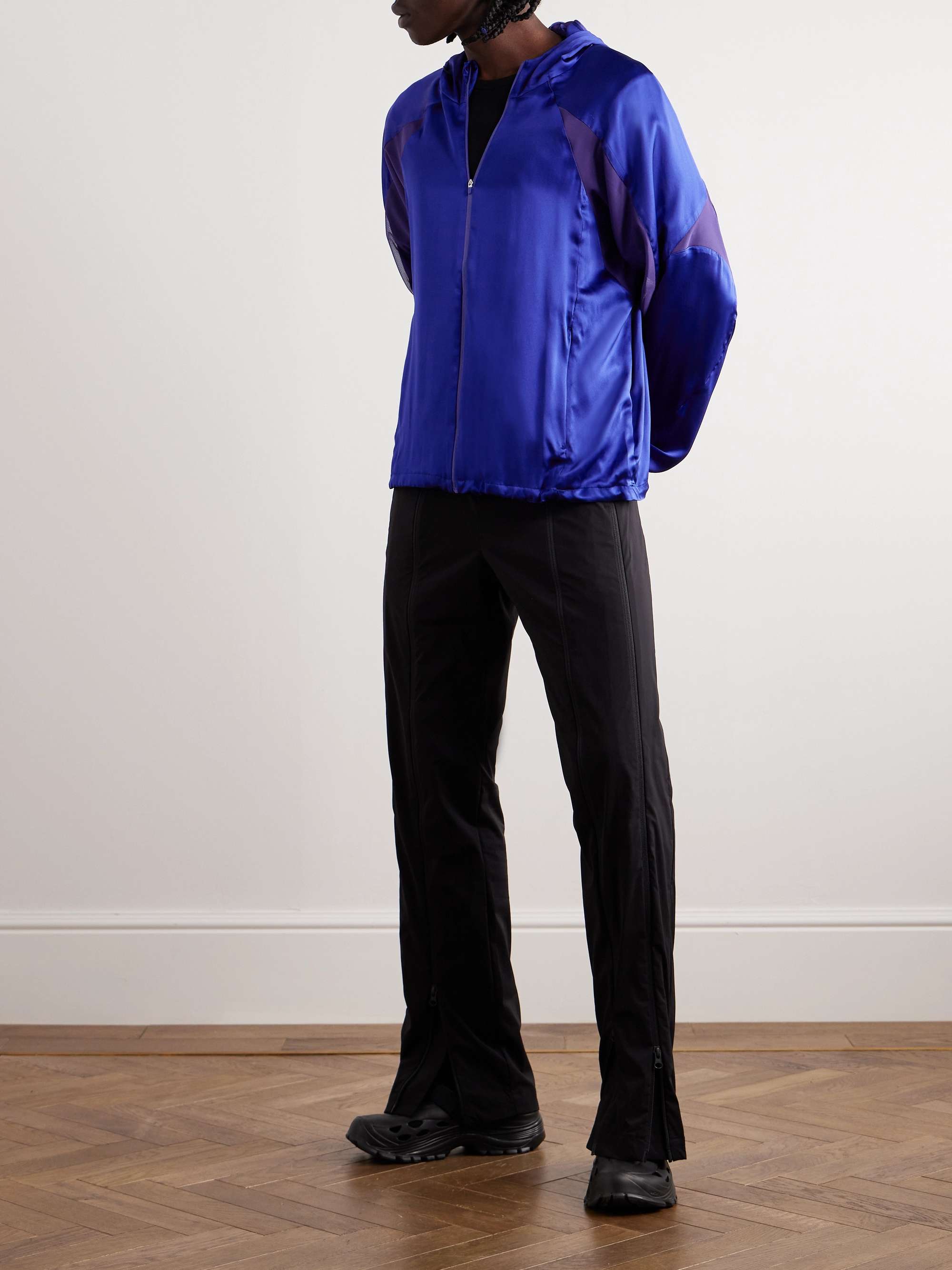 POST ARCHIVE FACTION 5.0+ Mesh-Trimmed Silk-Satin Hooded Jacket