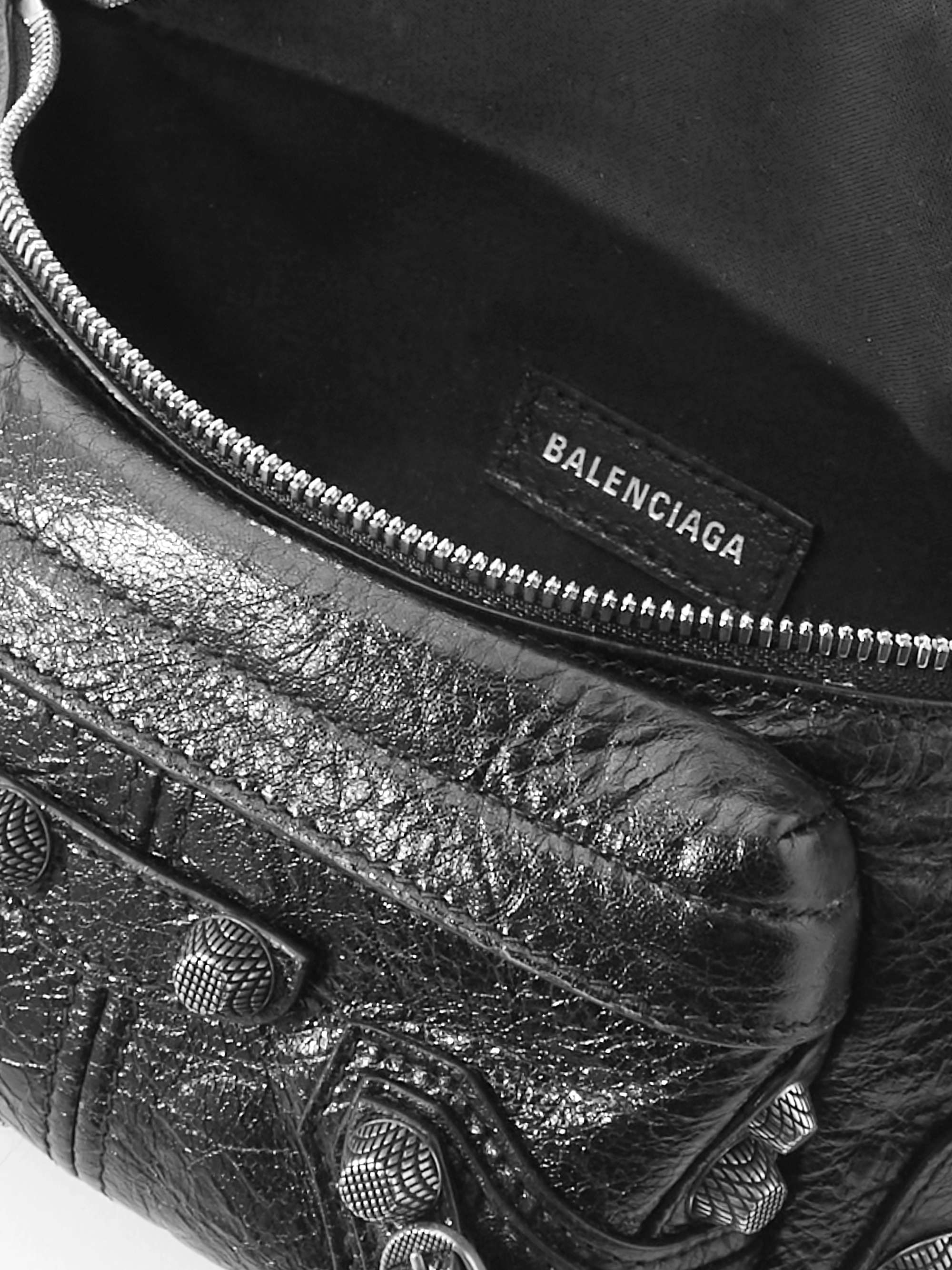 BALENCIAGA Le Cagole Distressed Embellished Leather Belt Bag