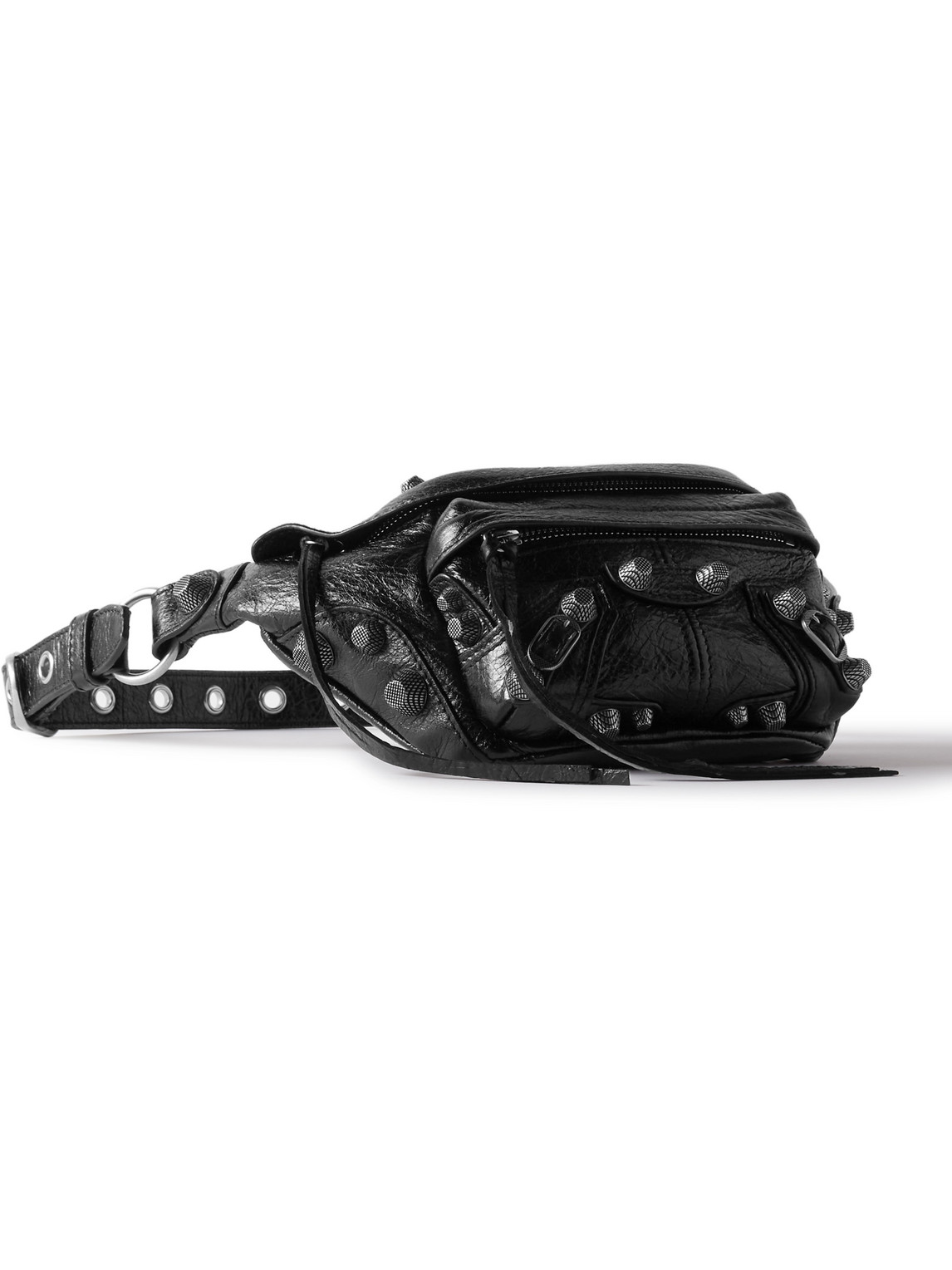 Balenciaga Le Cagole Distressed Embellished Leather Belt Bag In Black