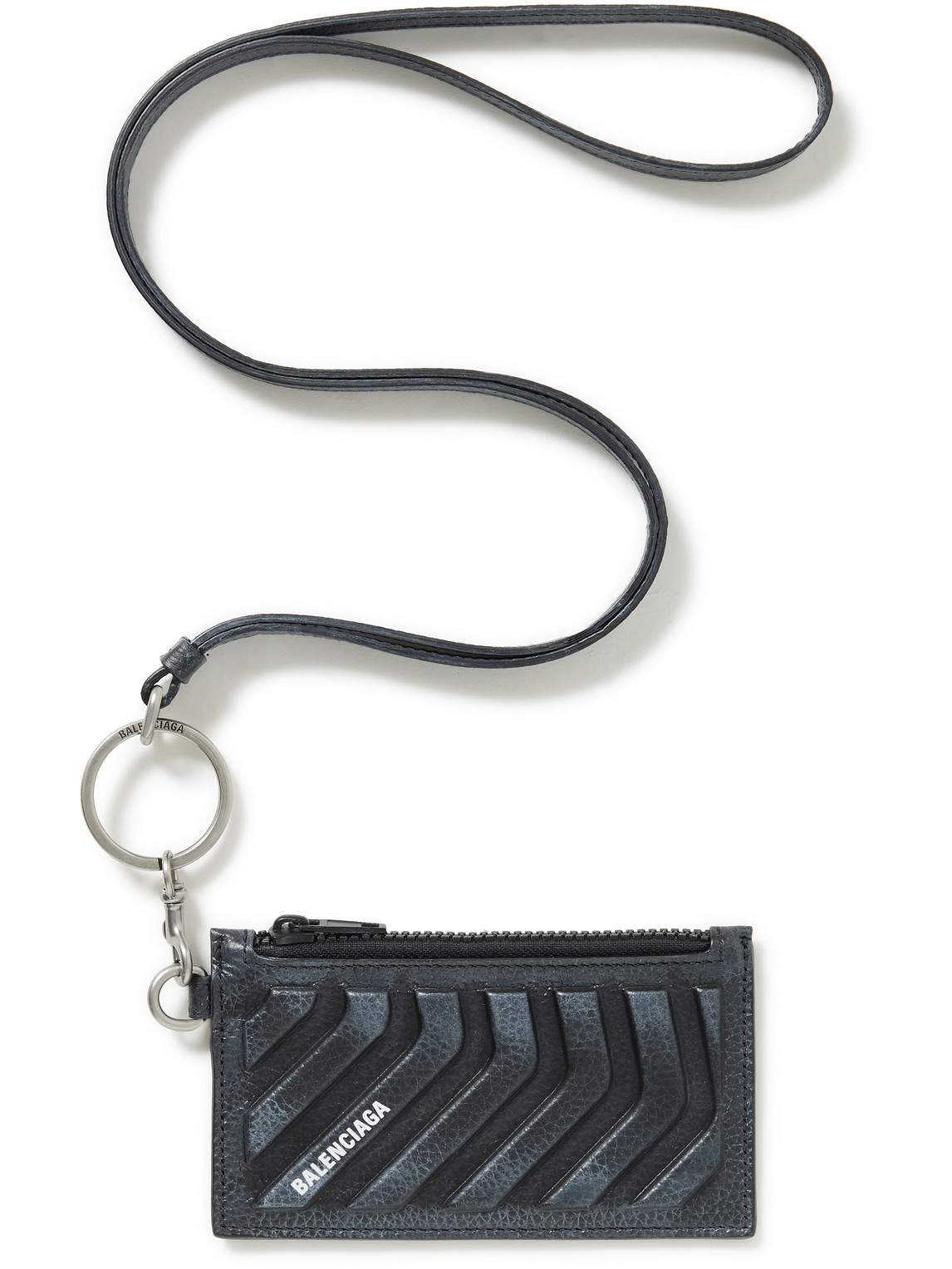 Balenciaga Logo-print Embossed Full-grain Leather Cardholder With Lanyard In Black