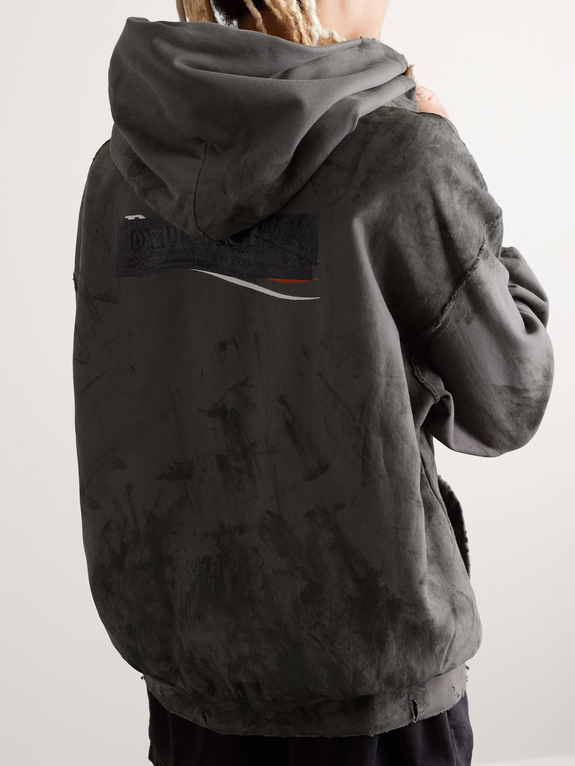 BALENCIAGA Gaffer Logo-Embroidered Distressed Cotton-Jersey Zip-Up Hoodie