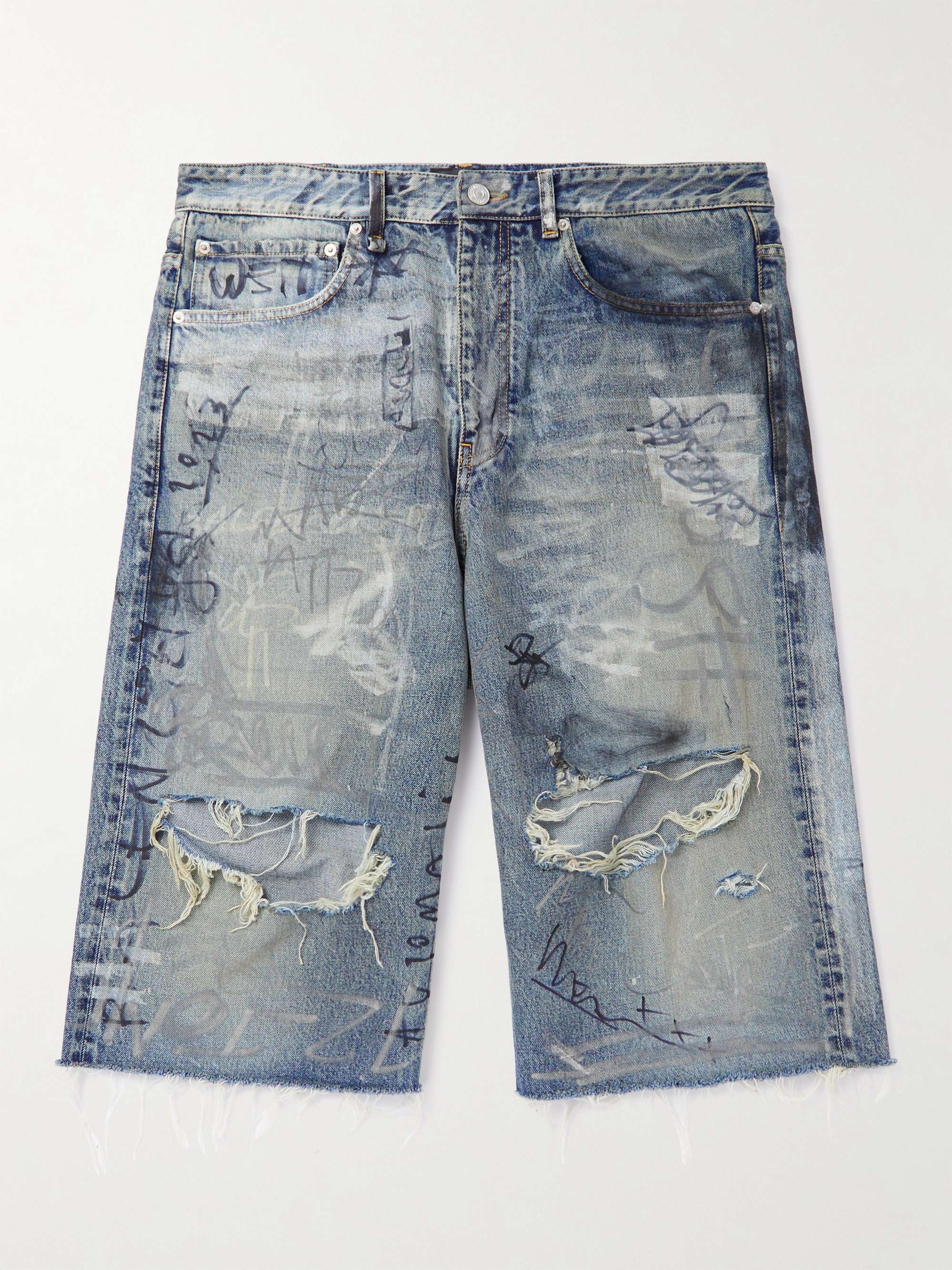 BALENCIAGA Straight-Leg Distressed Printed Denim Shorts for Men