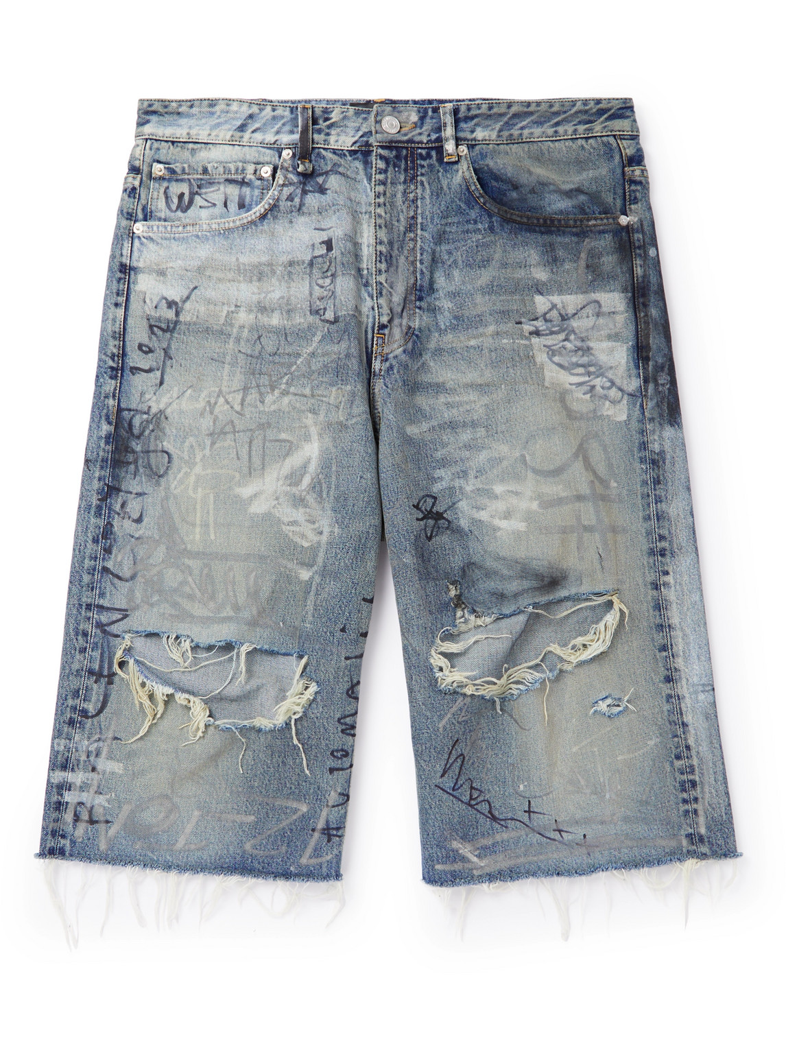 Balenciaga Straight-leg Distressed Printed Denim Shorts In Blue