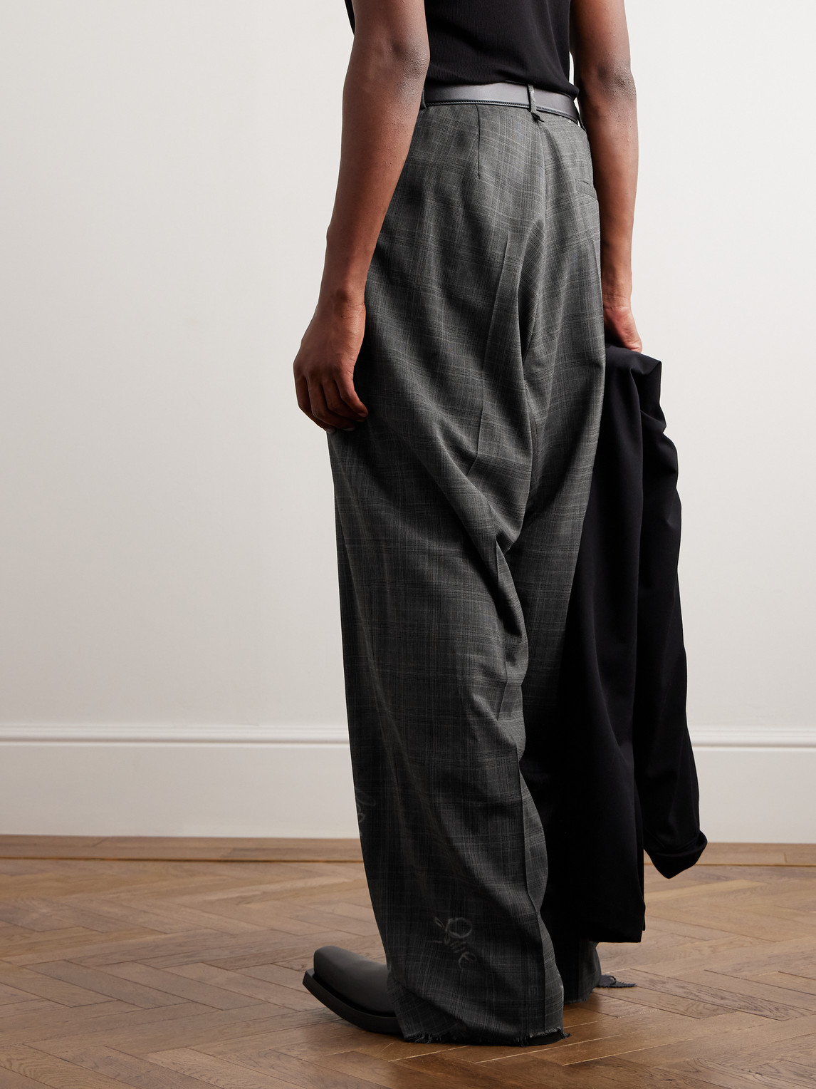 Shop Balenciaga Skater Wide-leg Printed Distressed Prince Of Wales Checked Wool Trousers In Gray