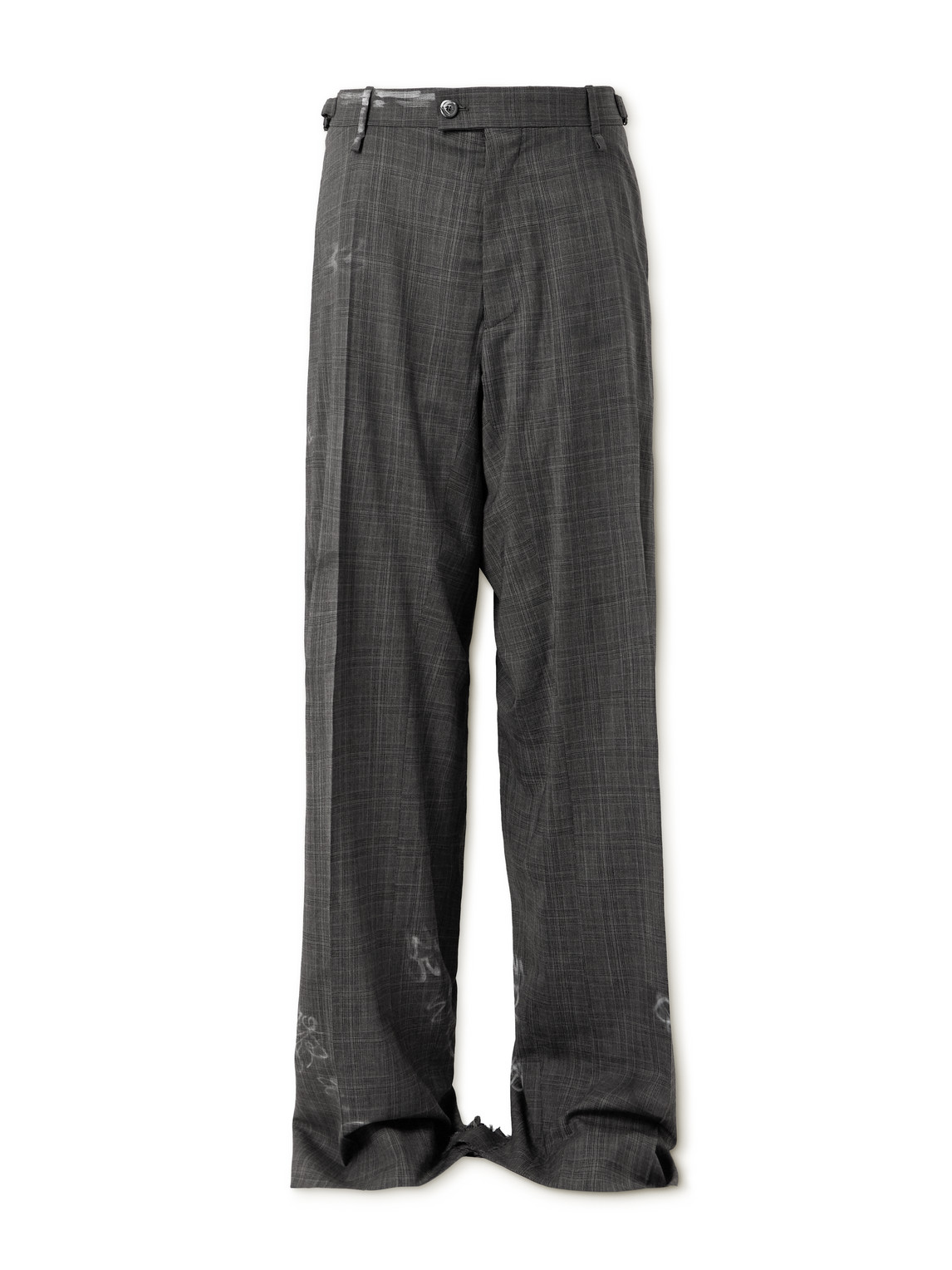 Skater Wide-Leg Printed Distressed Prince of Wales Checked Wool Trousers