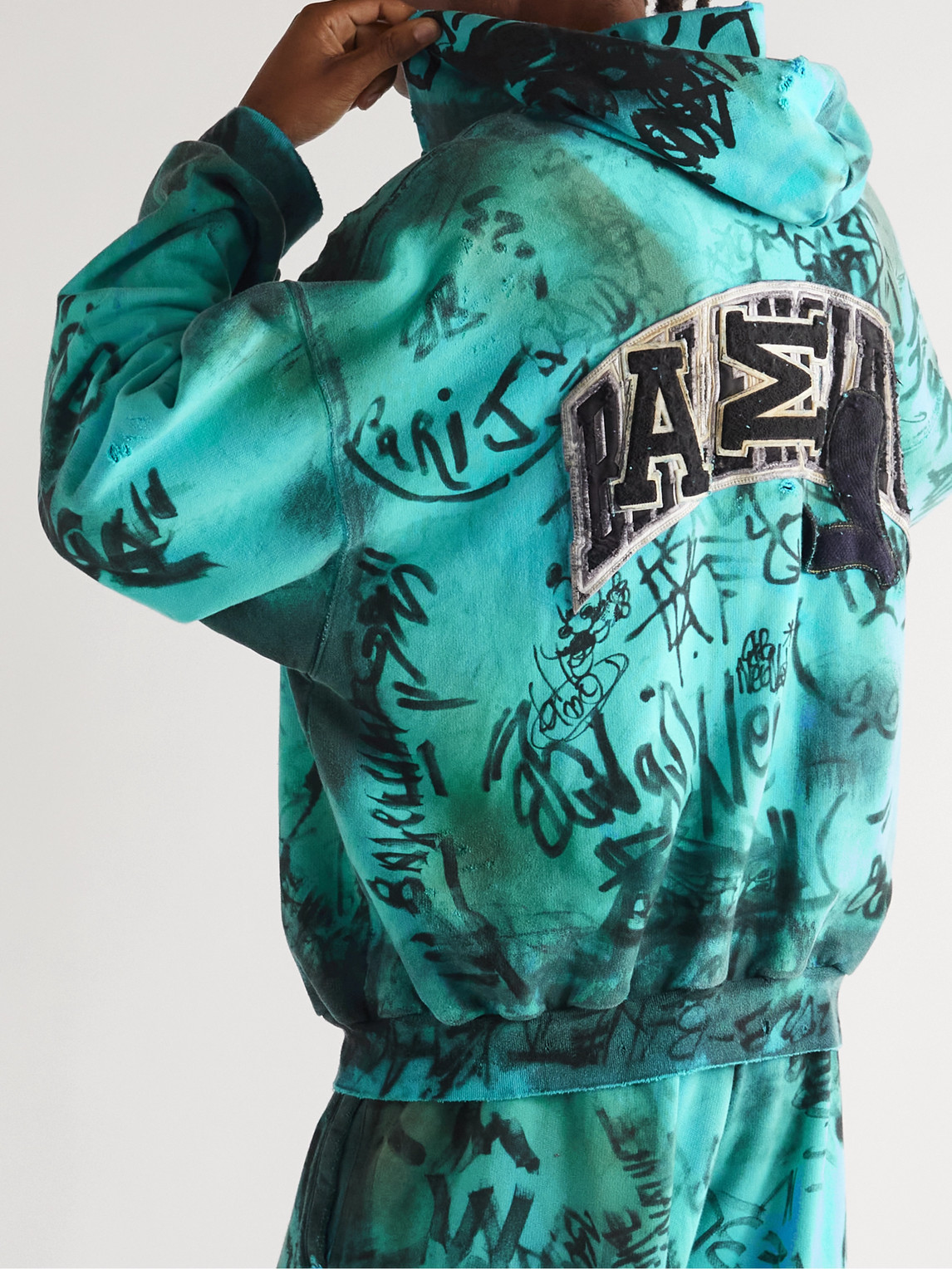 Balenciaga Logo-appliquéd Distressed Printed Cotton-jersey Zip-up Hoodie In Blue