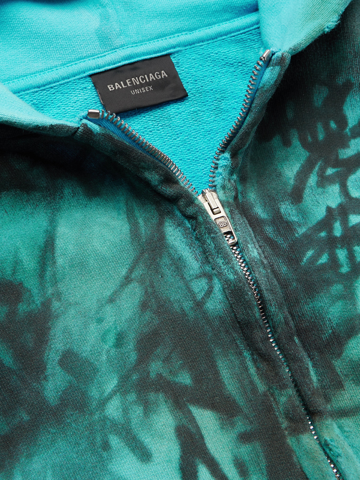 Balenciaga Logo-appliquéd Distressed Printed Cotton-jersey Zip-up Hoodie In Blue