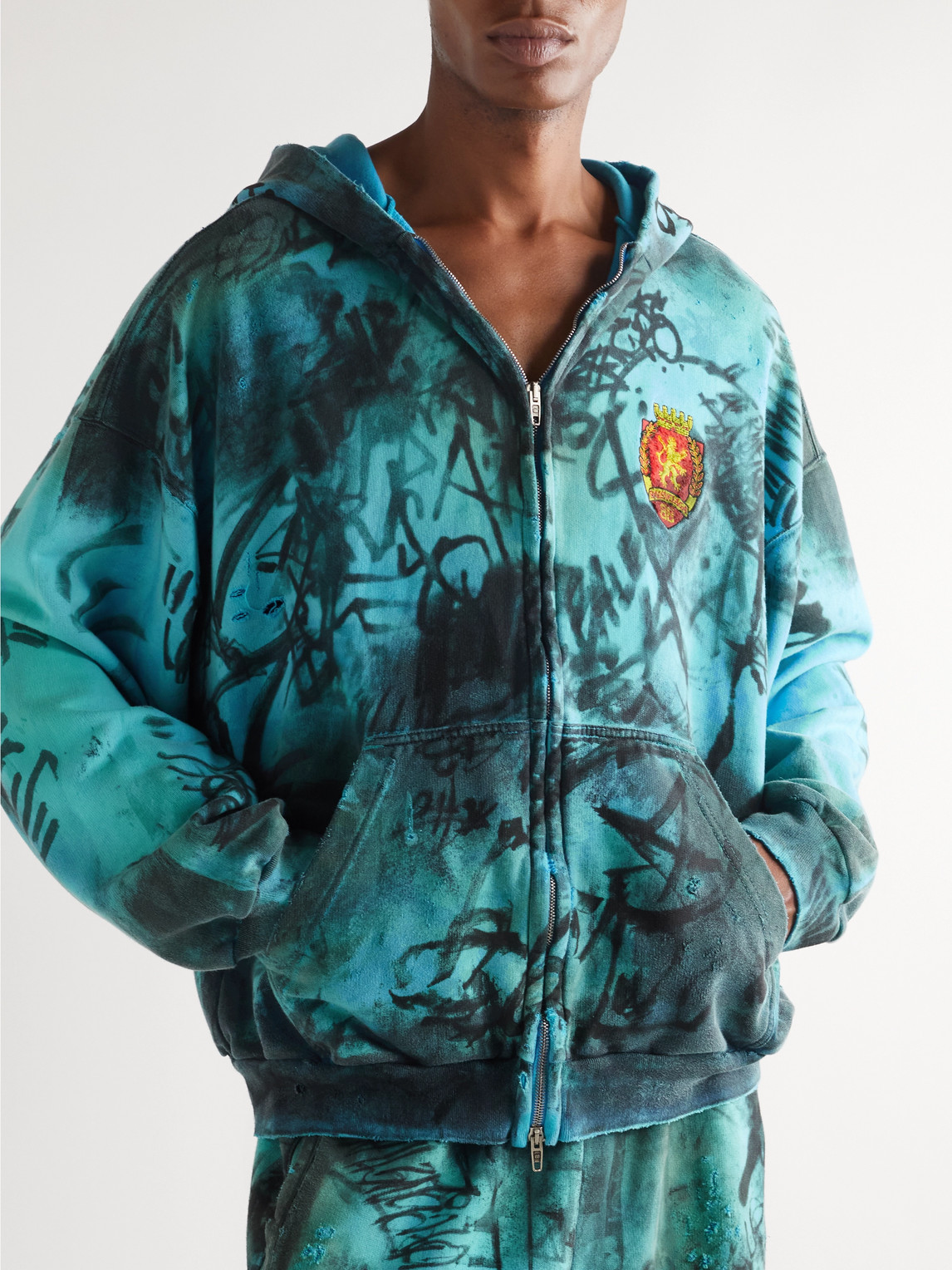 Balenciaga Logo-appliquéd Distressed Printed Cotton-jersey Zip-up Hoodie In Blue
