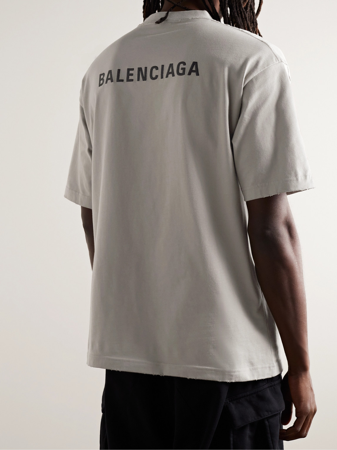 Shop Balenciaga Distressed Logo-embroidered Cotton-jersey T-shirt In Gray