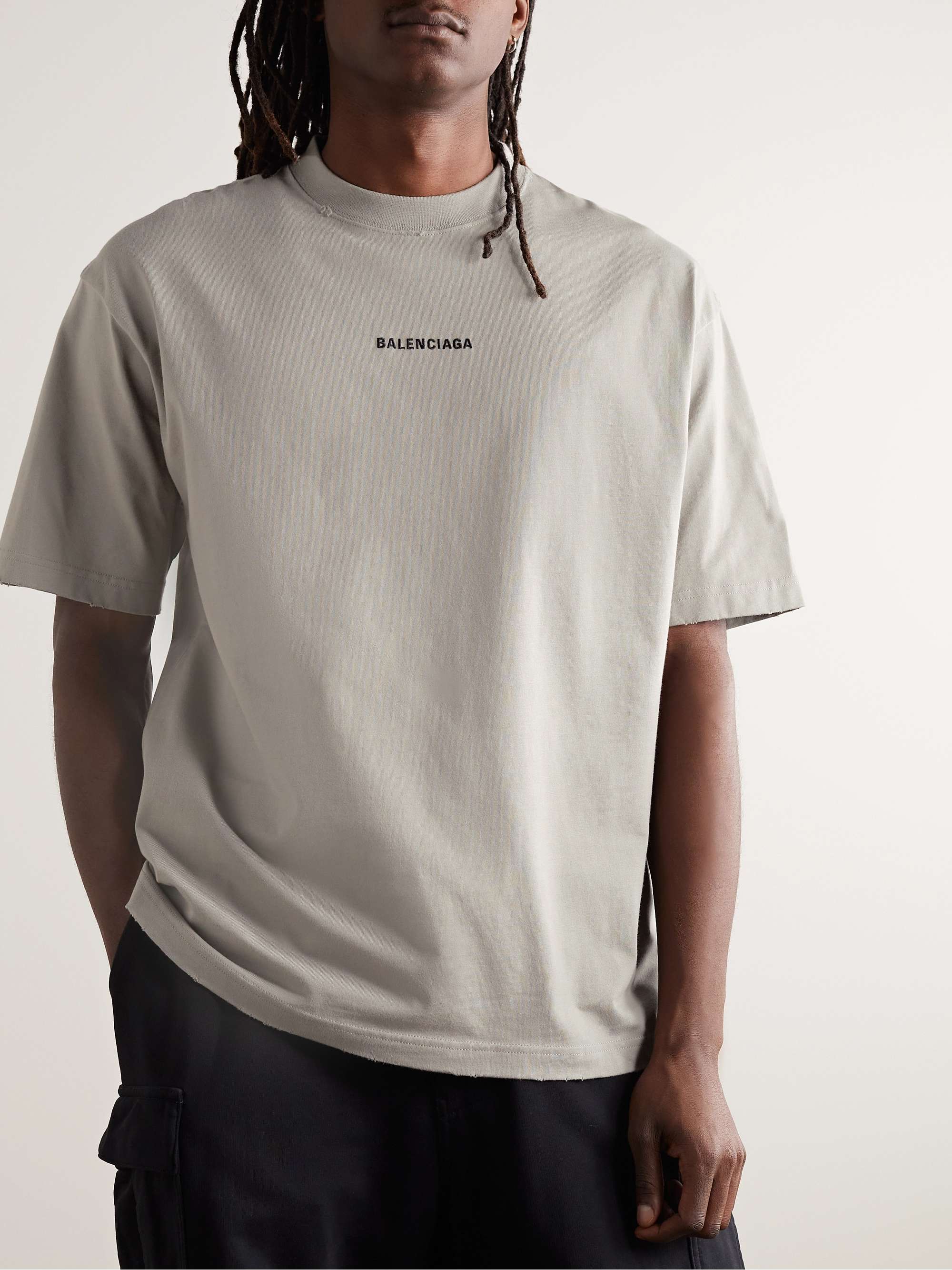 BALENCIAGA Distressed Logo-Embroidered Cotton-Jersey T-Shirt