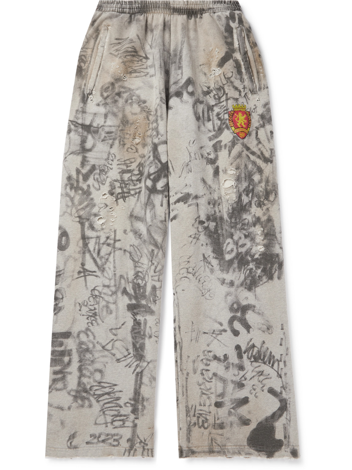 Wide-Leg Logo-Embroidered Distressed Printed Cotton-Jersey Sweatpants