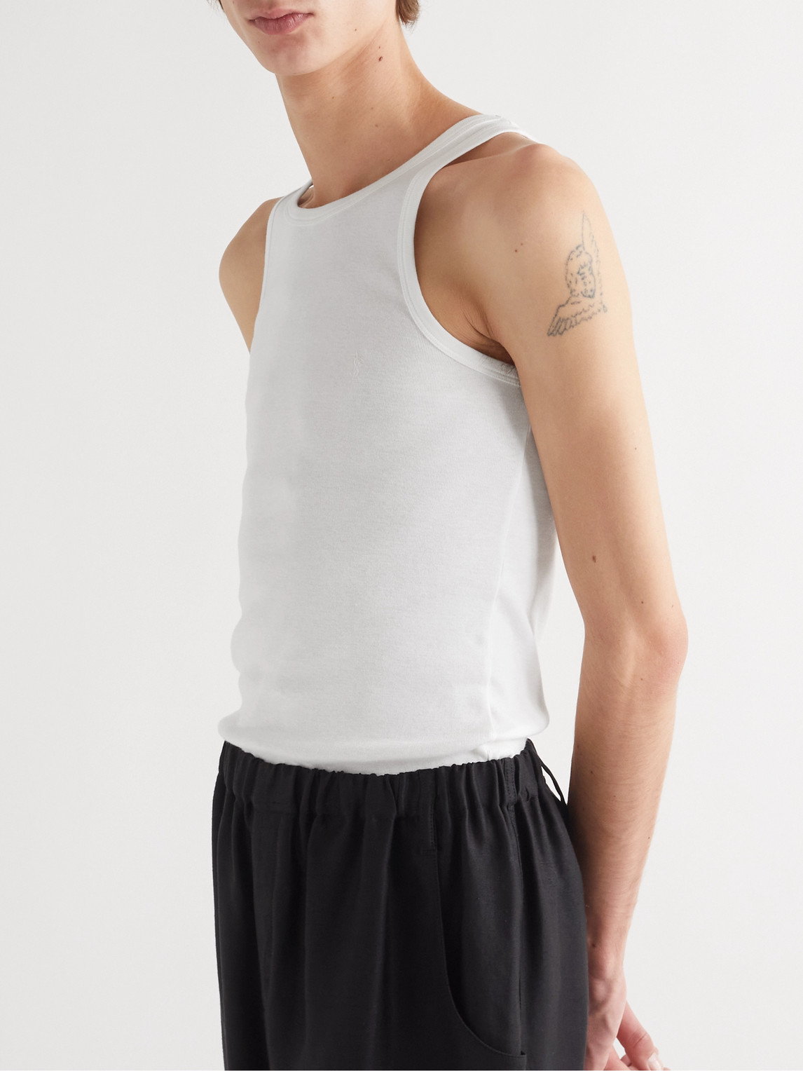 Shop Saint Laurent Logo-embroidered Cotton-jersey Tank Top In White