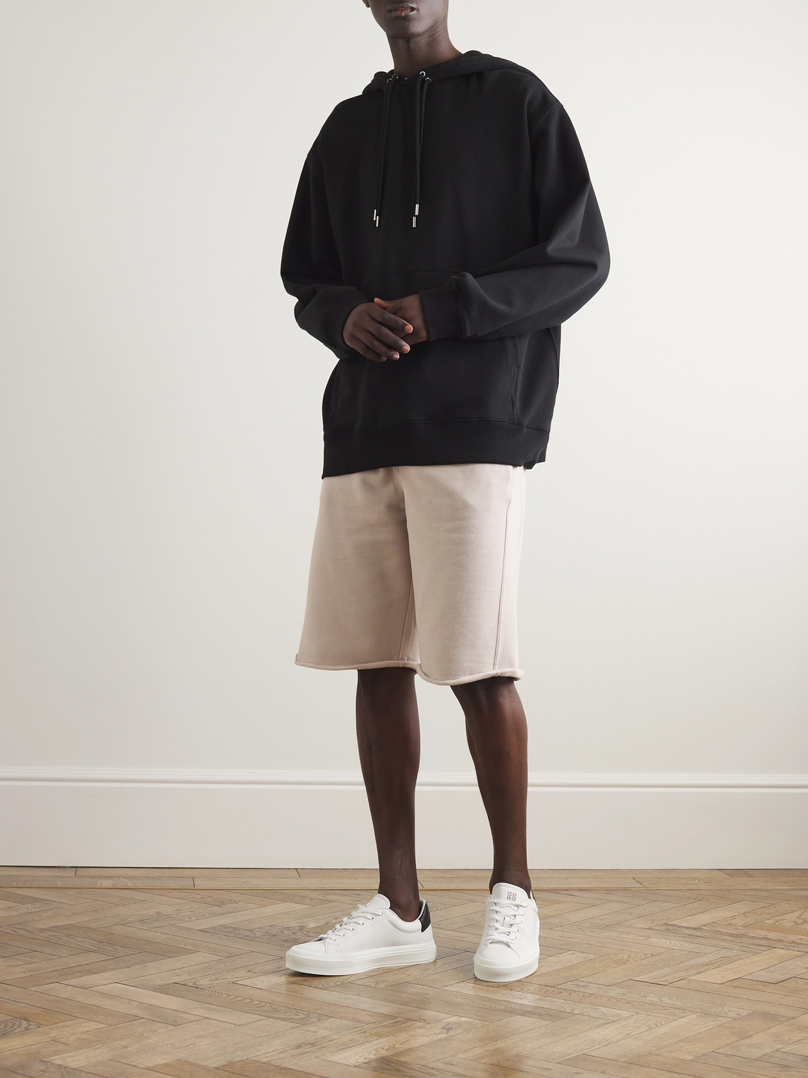 Shop Saint Laurent Straight-leg Leather-trimmed Cotton-jersey Drawstring Shorts In Neutrals