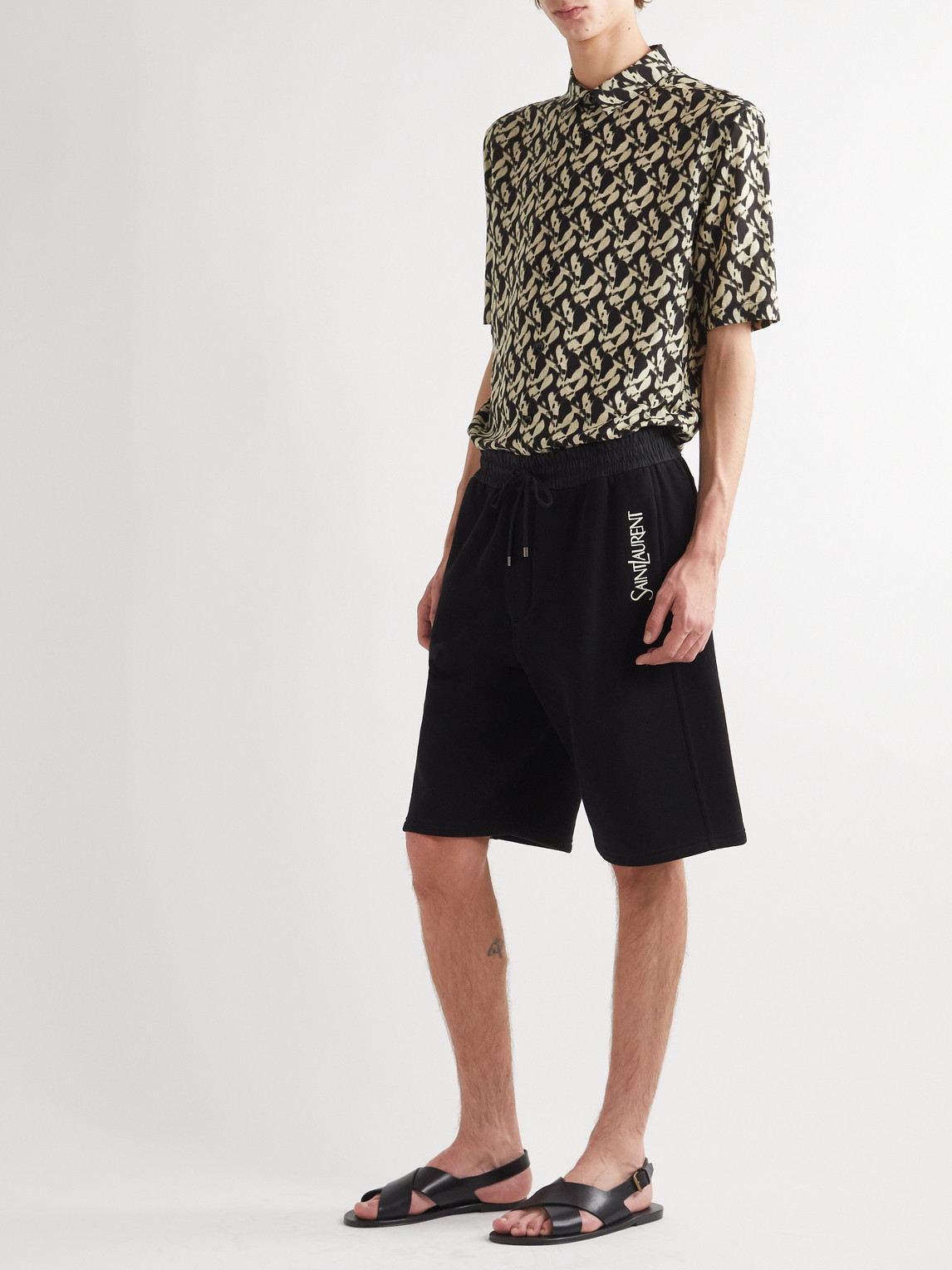 Shop Saint Laurent Straight-leg Logo-embroidered Cotton-jersey Drawstring Shorts In Black