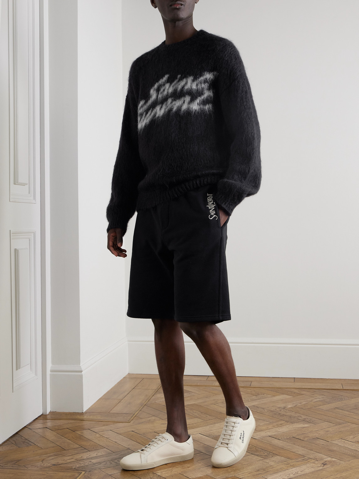 Shop Saint Laurent Straight-leg Logo-embroidered Cotton-jersey Drawstring Shorts In Black