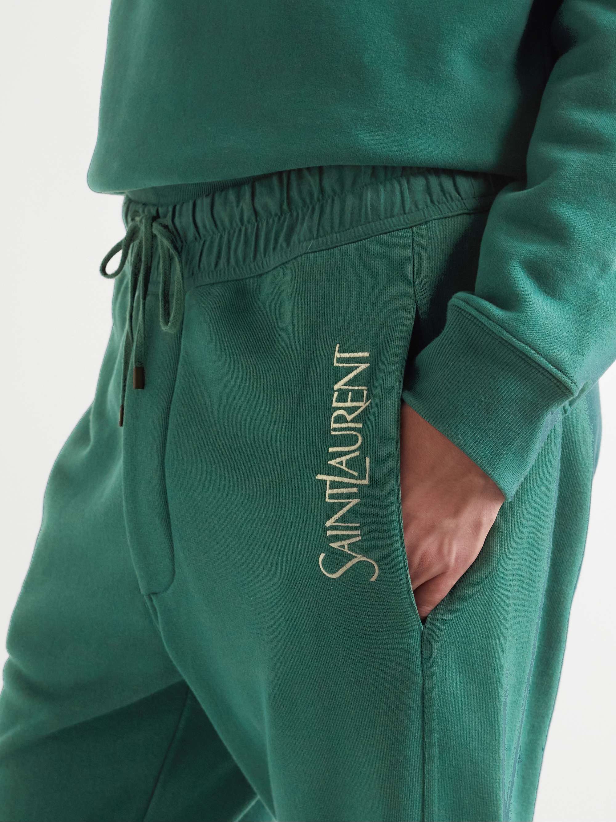 SAINT LAURENT Tapered Logo-Embroidered Cotton-Jersey Sweatpants
