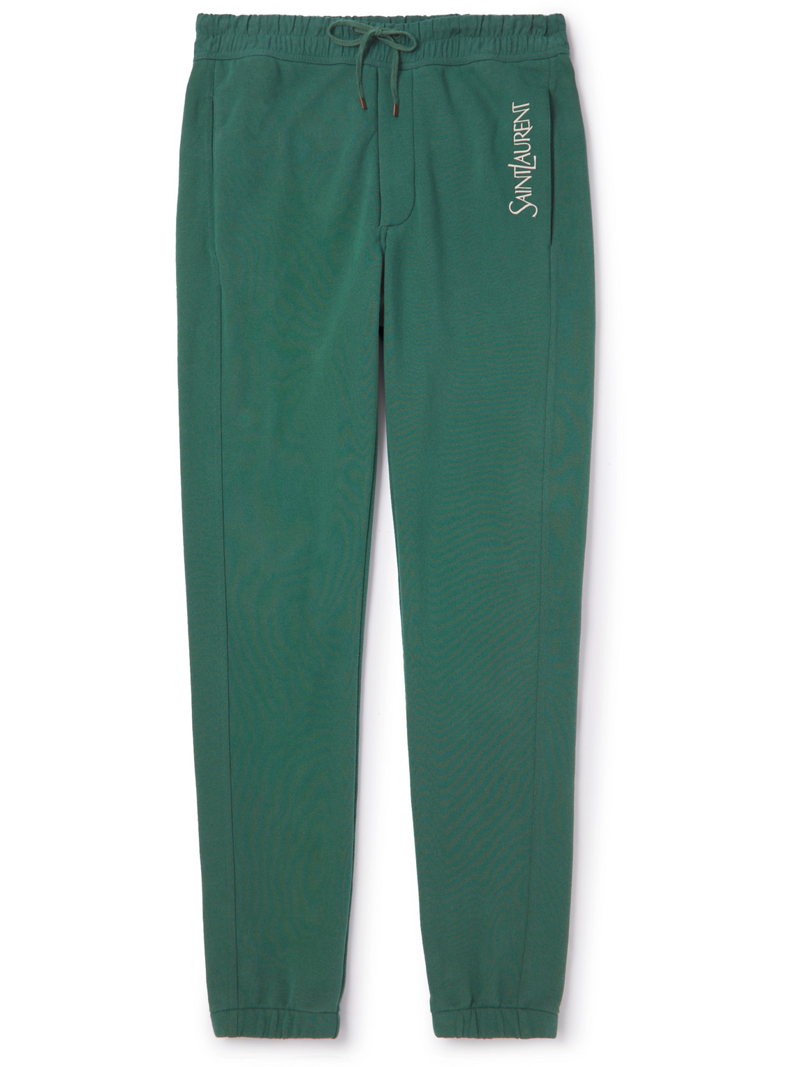 Shop Saint Laurent Tapered Logo-embroidered Cotton-jersey Sweatpants In Green
