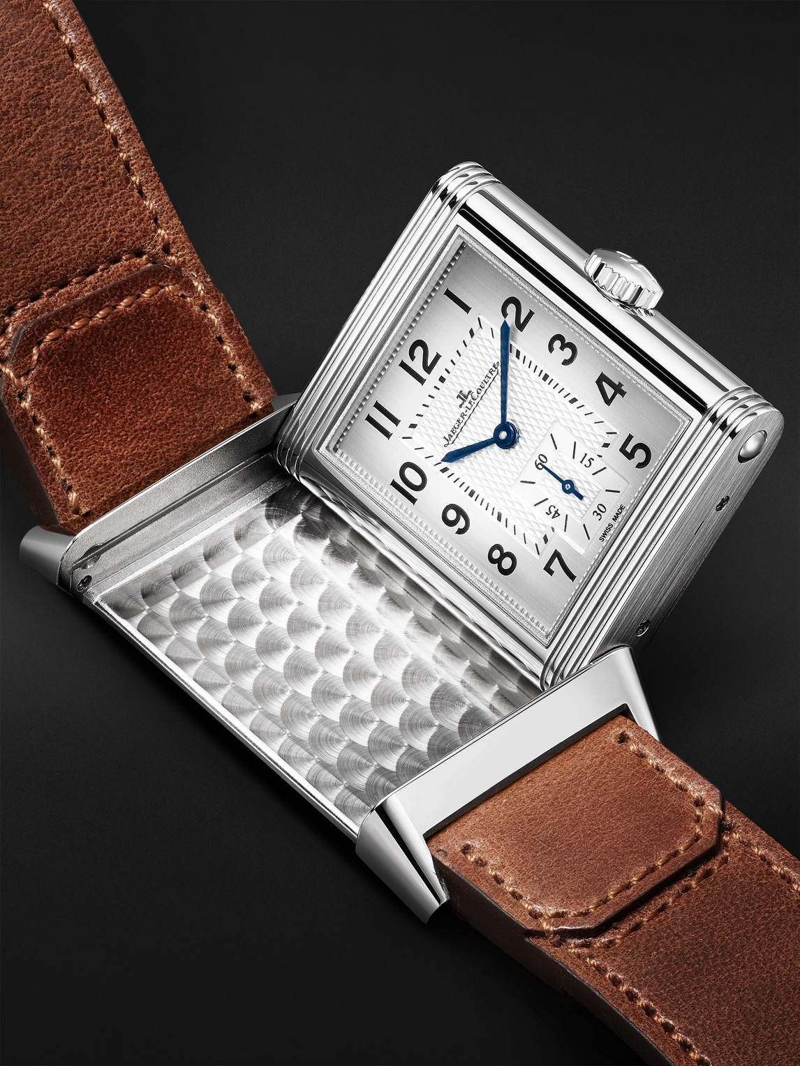 Shop Jaeger-lecoultre Reverso Classic Large Small Seconds Los Angeles Hand-wound 45.6mm Stainless Steel And Leather Watch, In White