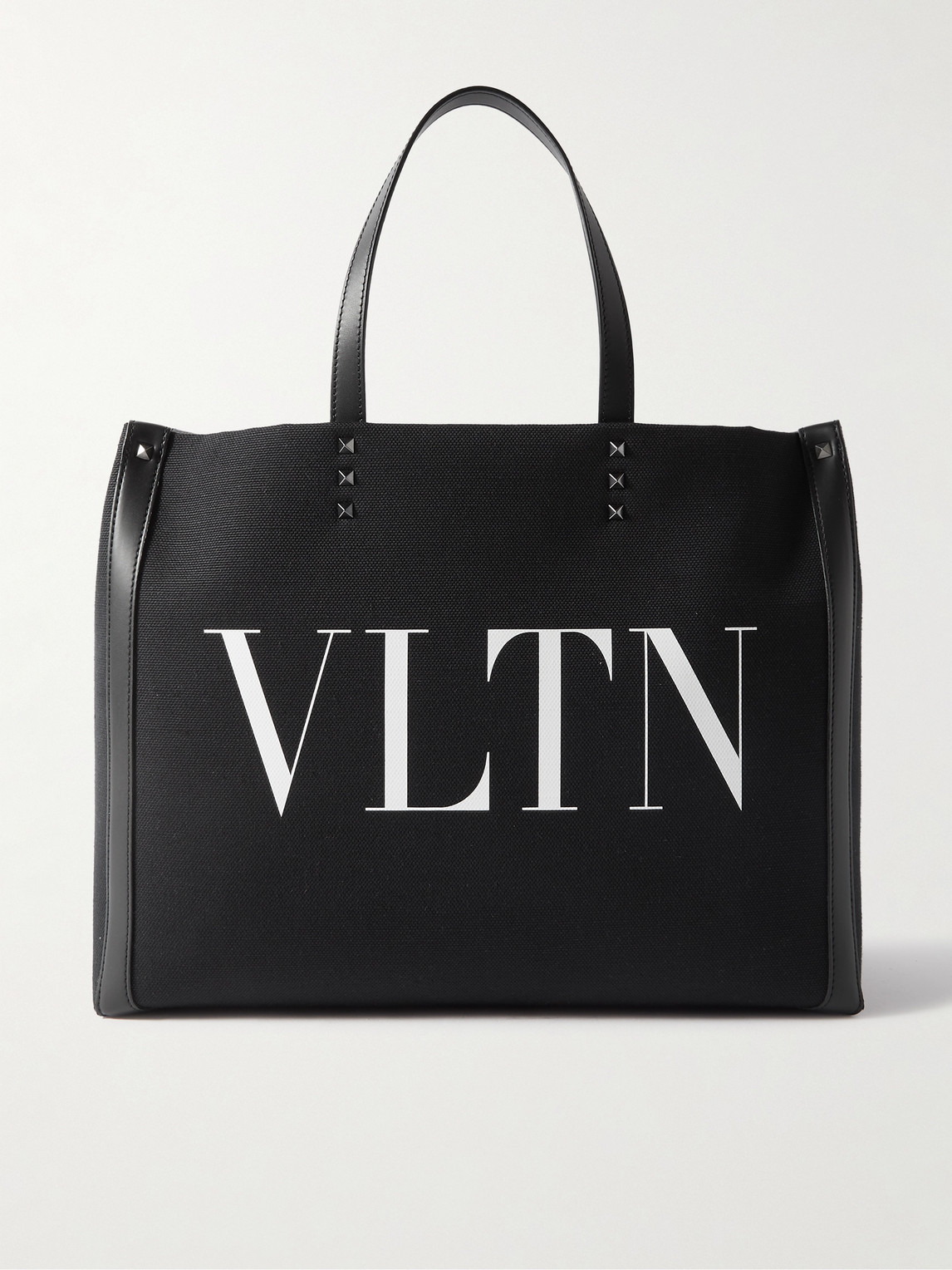 Valentino Garavani Medium Studded Leather-trimmed Logo-print Canvas Tote Bag In Black