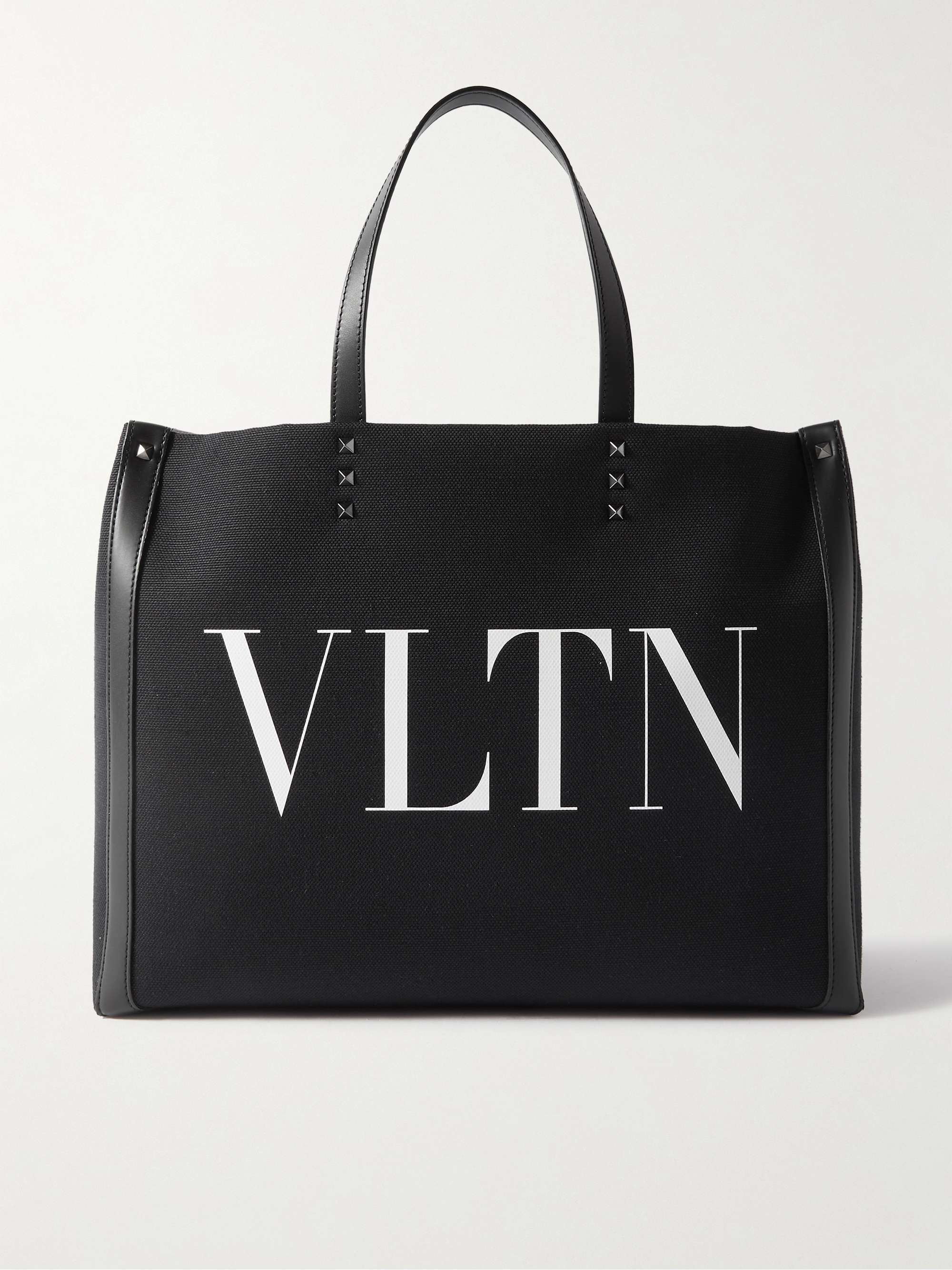VALENTINO GARAVANI Medium Studded Leather-Trimmed Logo-Print Canvas ...