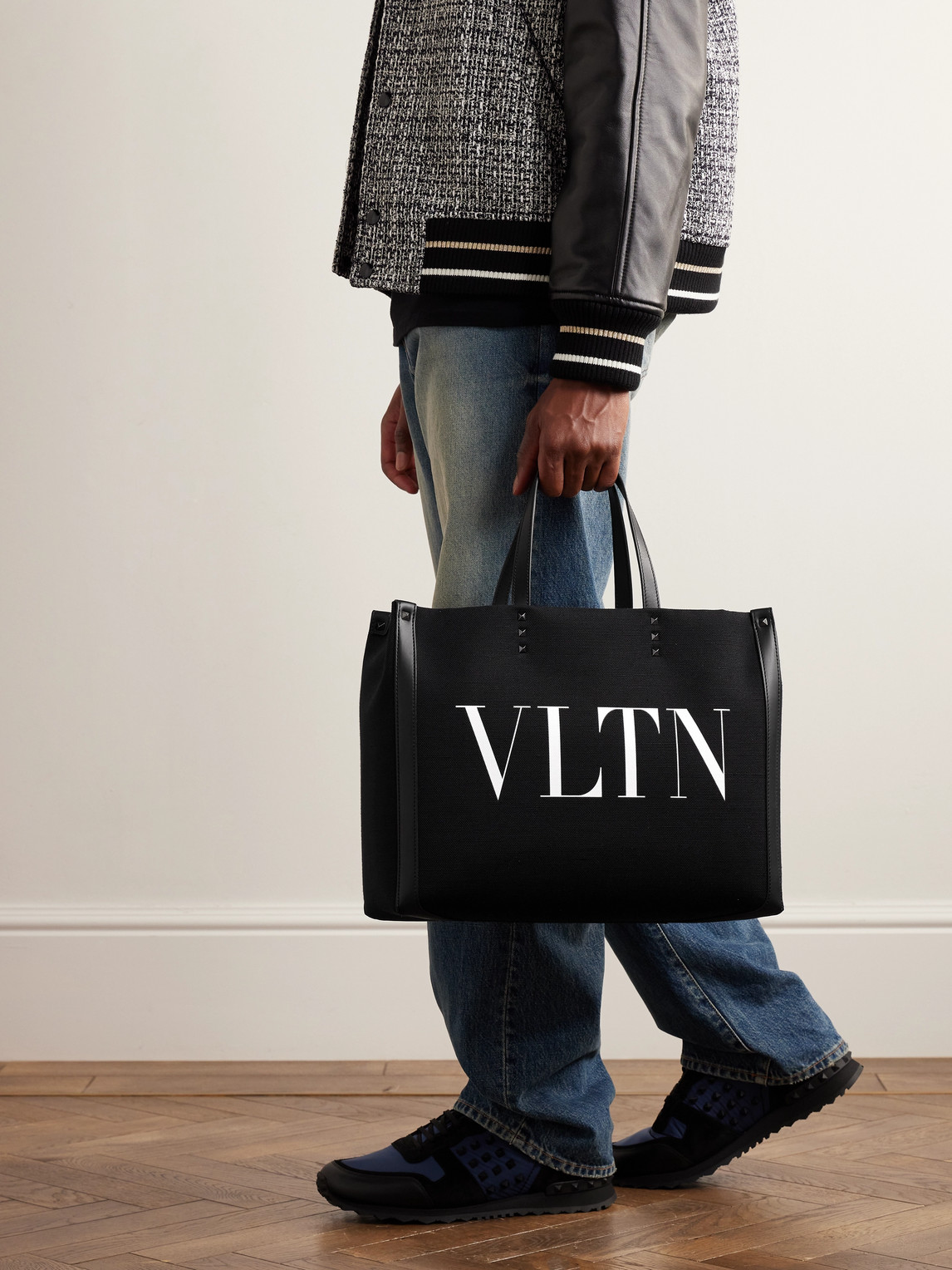 Leather-Trimmed Logo-Print Canvas Tote Bag