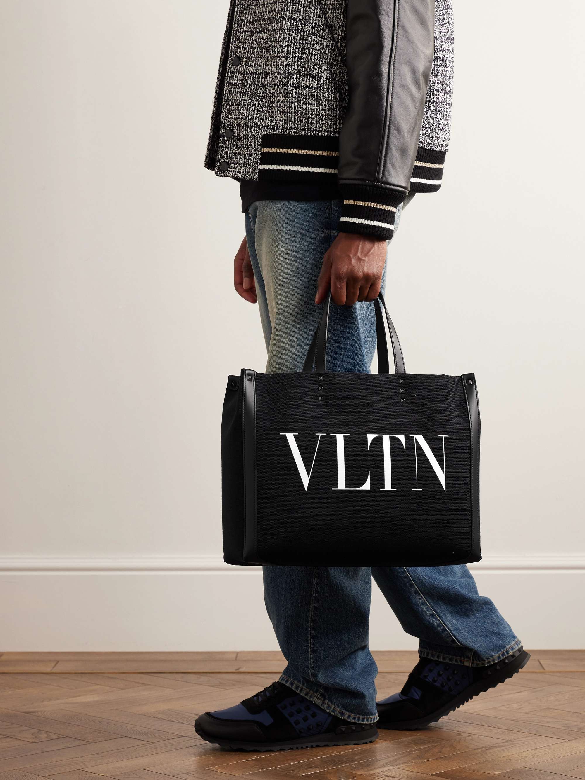 White V-Logo small leather-trim canvas tote bag, Valentino Garavani