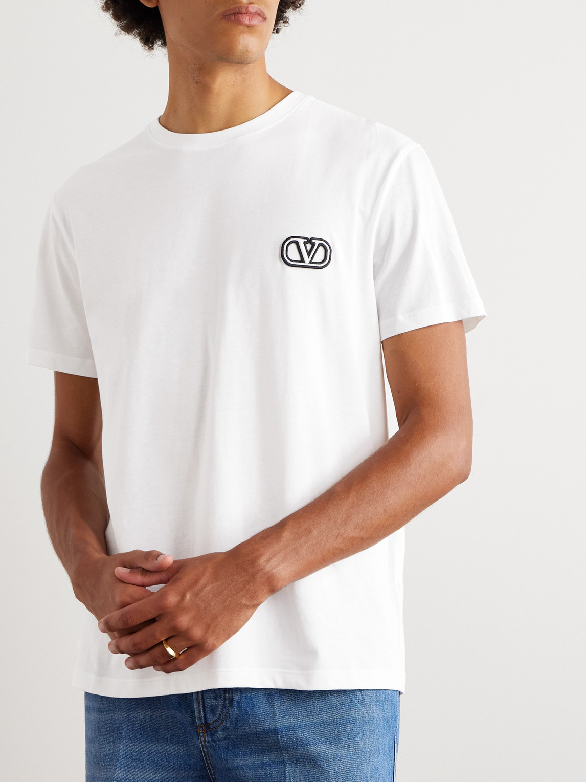 Shop Valentino Logo-appliquéd Cotton-jersey T-shirt In White