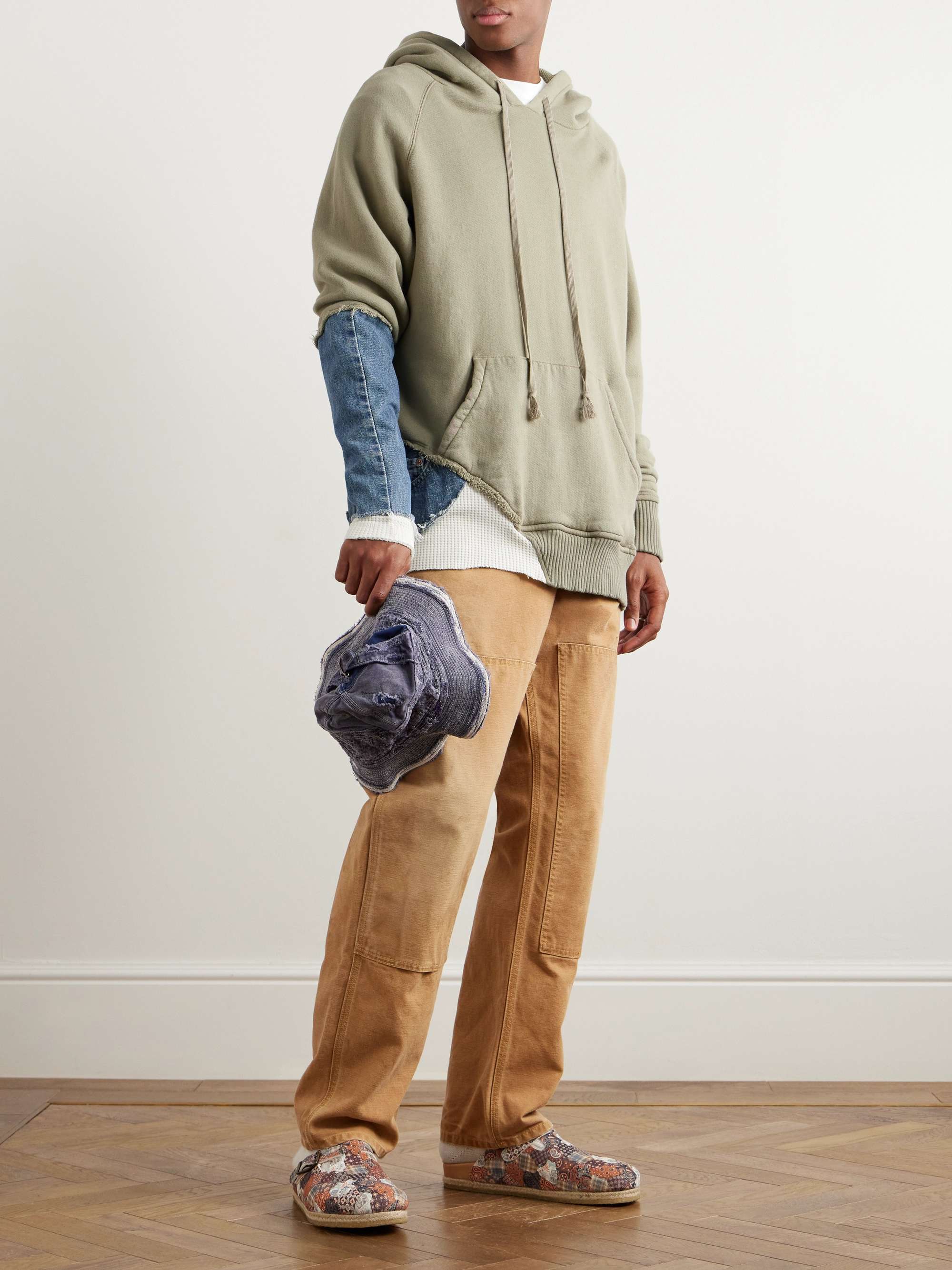 GREG LAUREN Denim-Panelled Waffle-Knit Cotton-Blend Jersey Hoodie