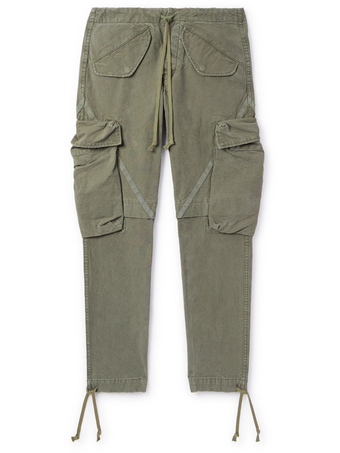 Greg Lauren Tapered Cotton-canvas Drawstring Cargo Trousers In Green